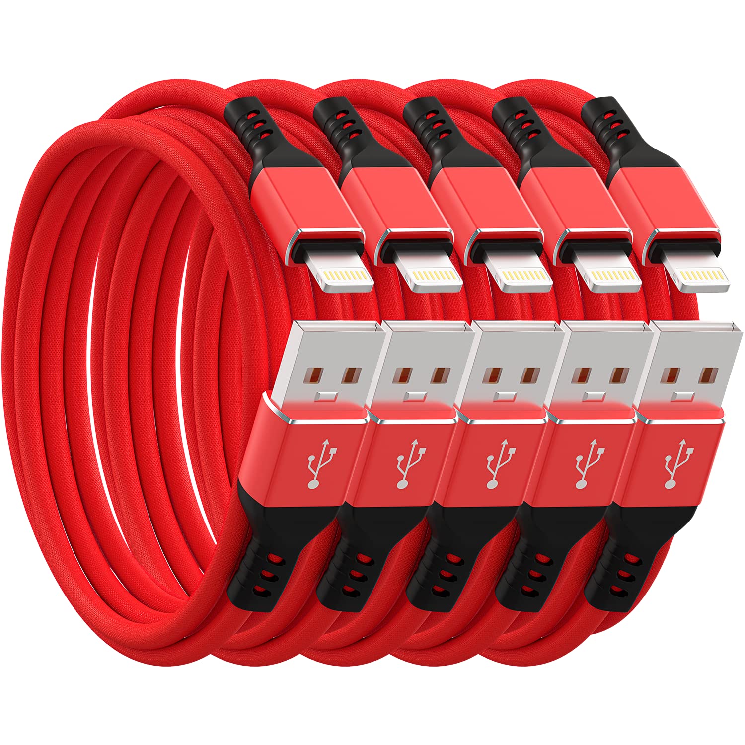 Ironten iPhone Charger Cable, Apple MFi Certified 5 Pack 6 FT Red Long Lightning Fast Charging High Speed Data Sync USB Cable Compatible iPhone 14 13