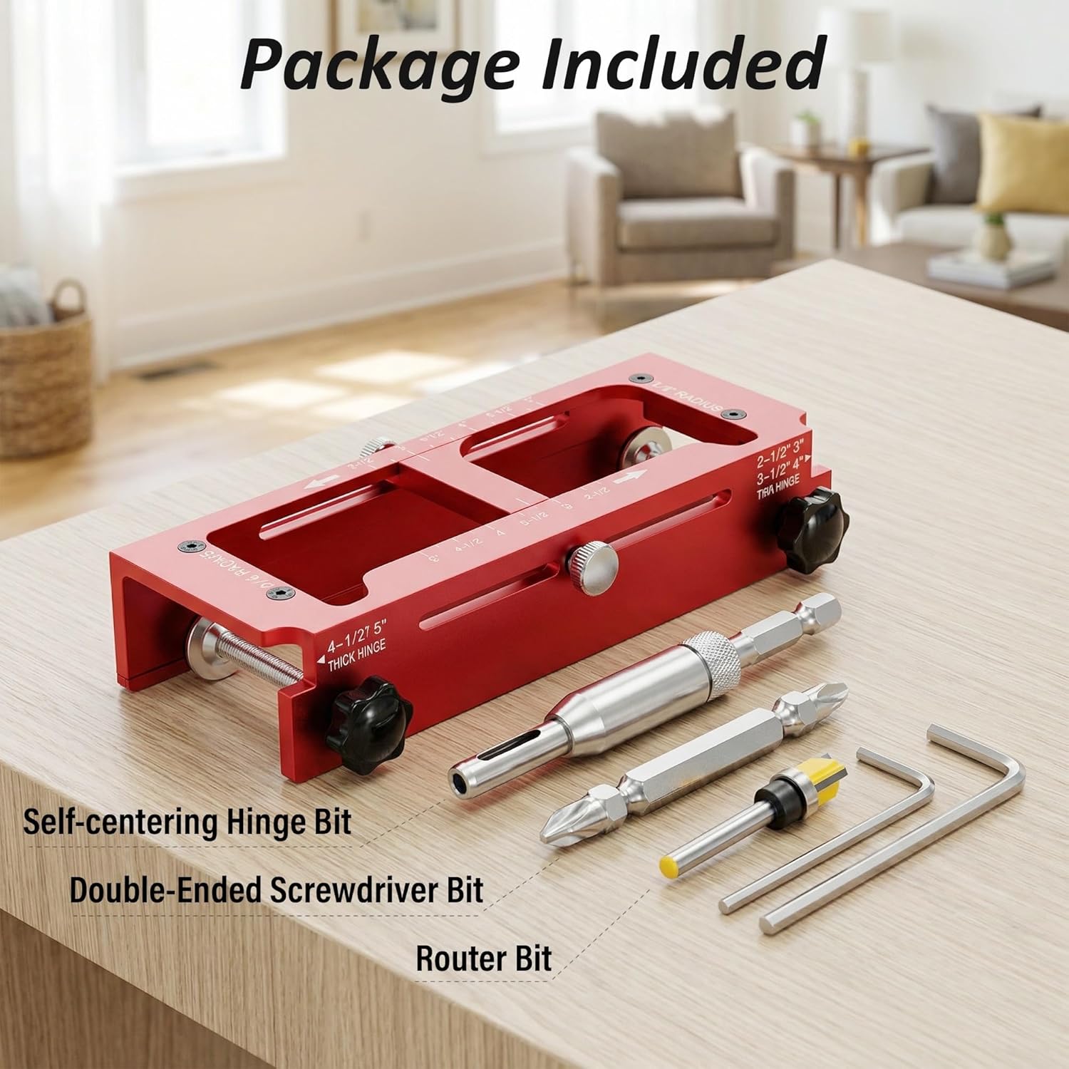 Aluminum Alloy Door Hinge Jig, Adjustable Door Hinge Mortise Router Template Tool Kit with Router Bit for 2.5" to 5" Wood Door Hinges Installation, 1/4" + 5/8" Radius and Square Corners