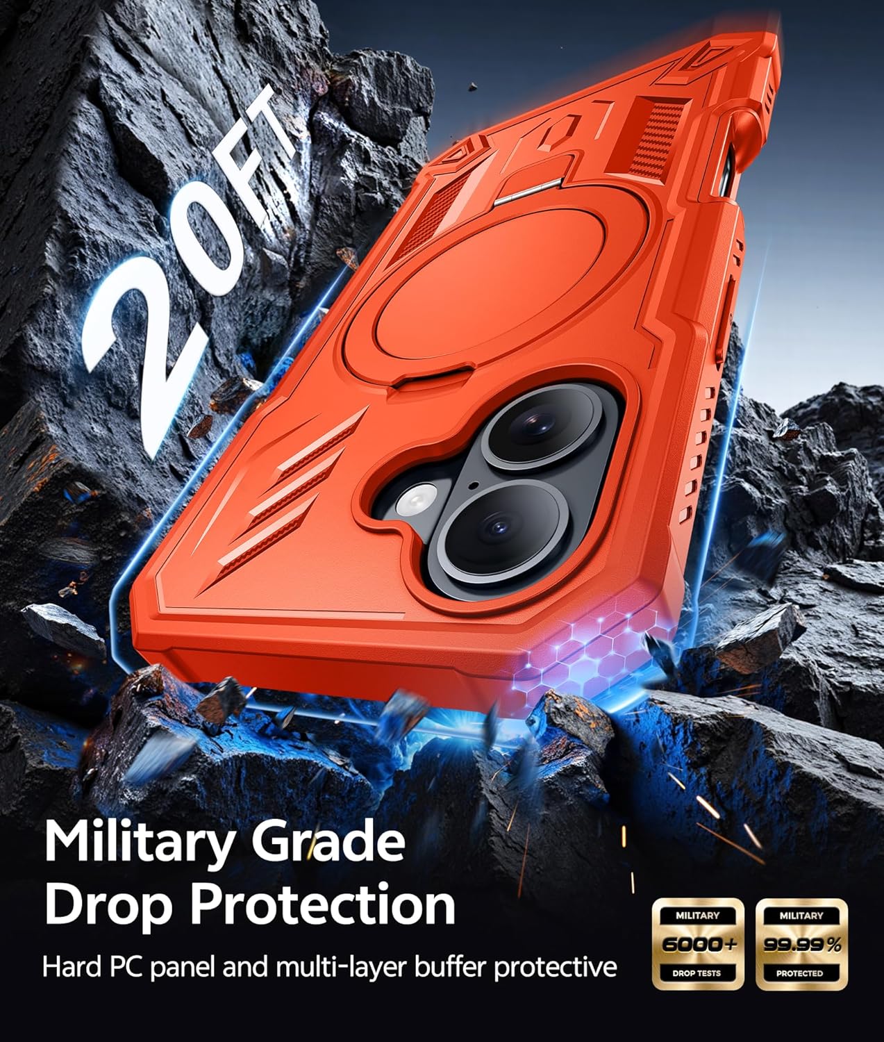 FNTCASE for iPhone 16 Phone Case: Magnetic Phone Cases with [Ring Kickstand] [Built-in Screen Protector] [Heavy Duty Military Grade Protection] Shockproof Rugged Protective Cell Phone Cover Orange - Image 6