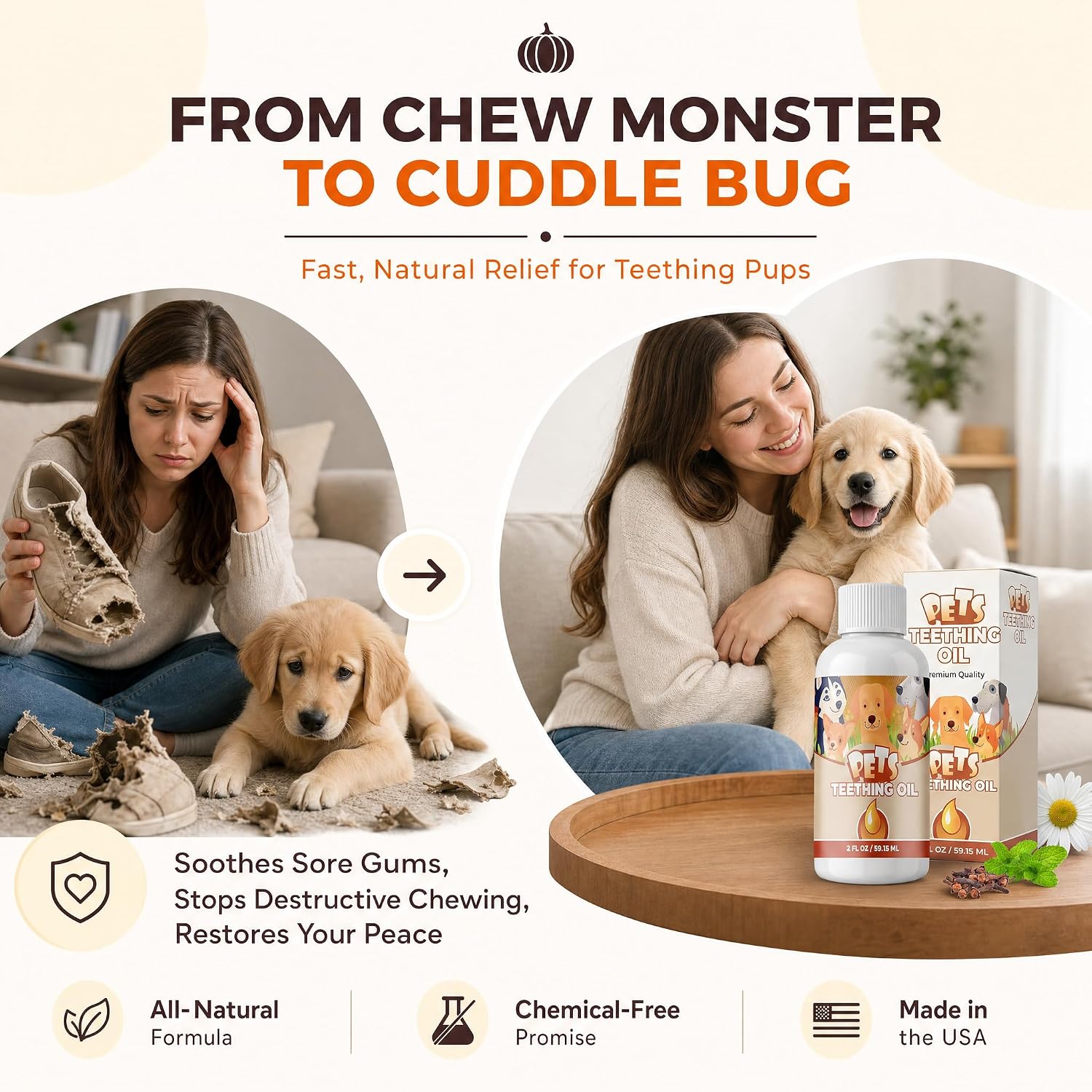 Punkin Butt for Pets Puppy Teething Oil to Stop Chewing and Relieve Discomfort | All Natural, Organic, Safe for Dogs, Chemical-Free (2 oz)