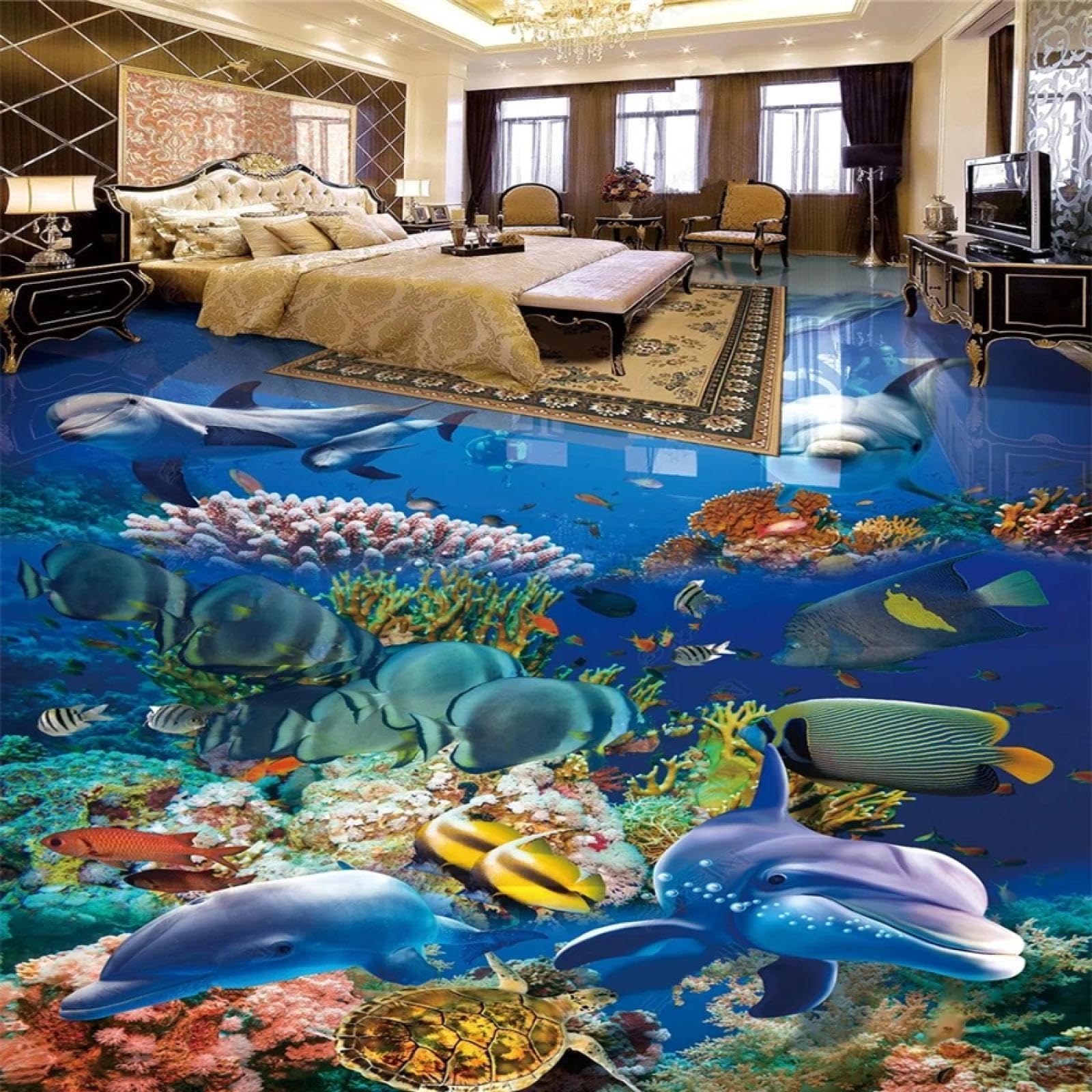 Stickers muraux 3D carrelage dauphins et poissons pour chambre enfant