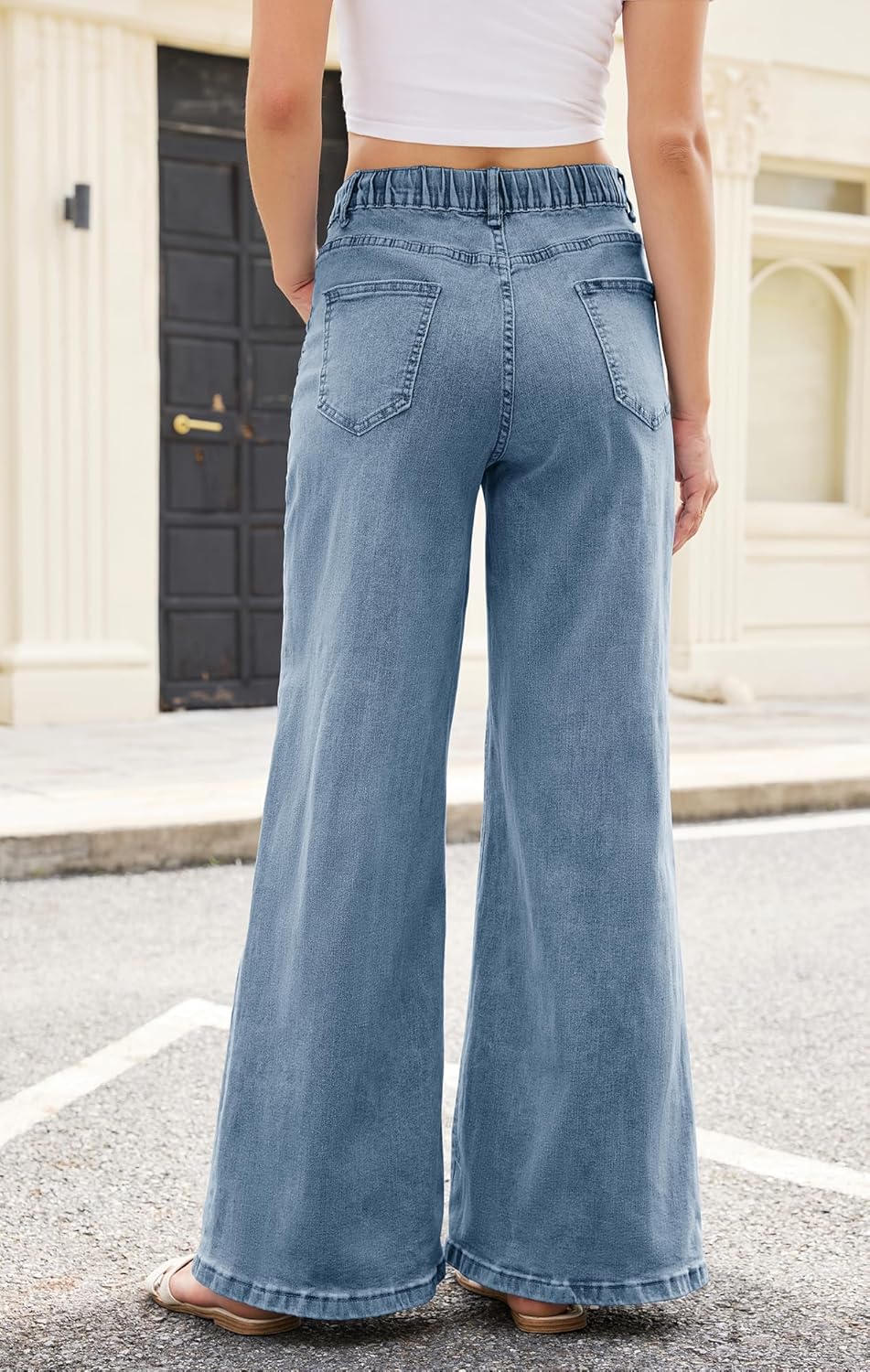 Women's Wide Leg Jeans Trendy High Waisted Stretchy Jeans with Drawstring Elastic Waist Denim Pants - Image 3