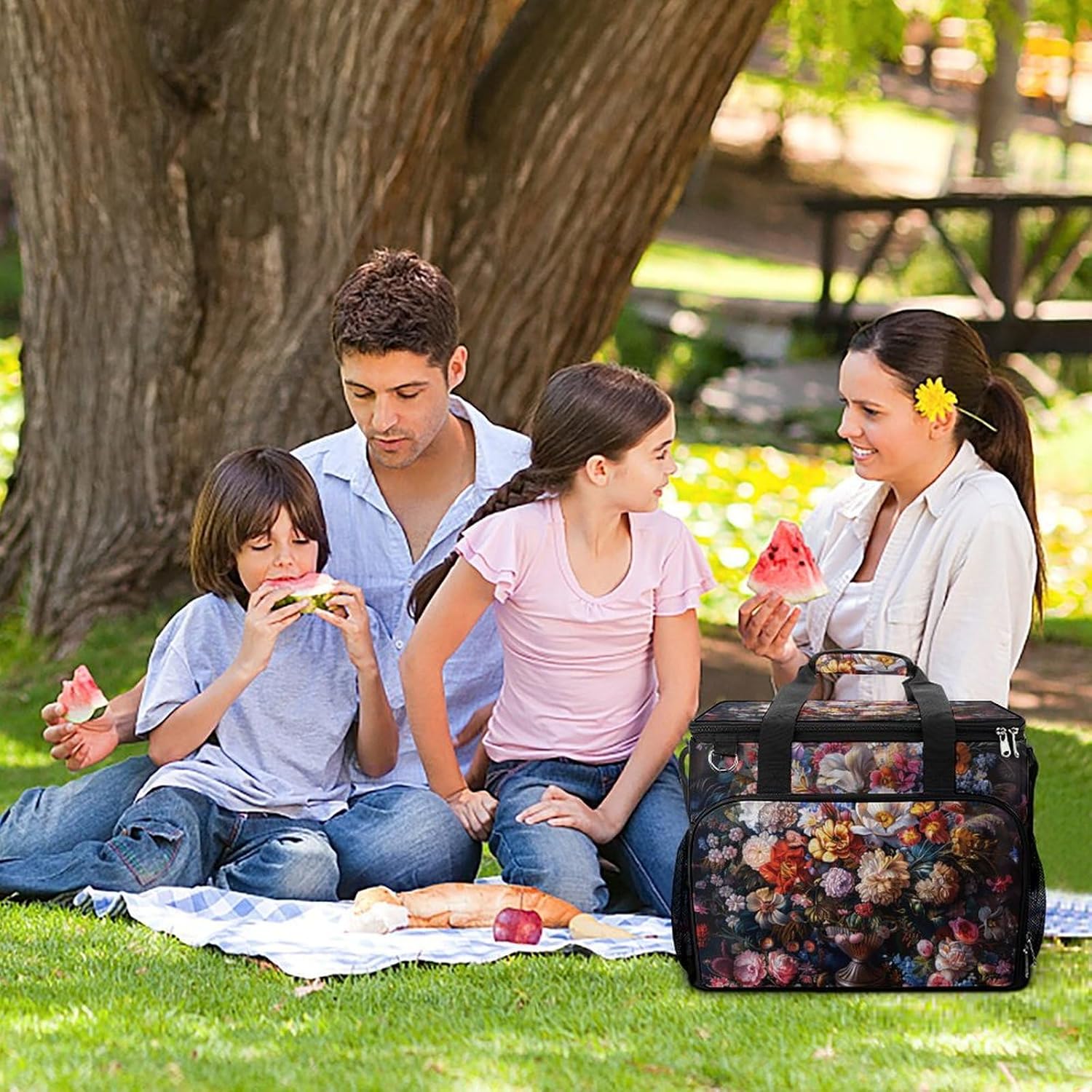 Insulated Picnic Backpack Tote Bag, Large Capacity 30L Paintings of Many Flowers Cooler Bag Leakproof Beach Bags Portable Lunch Box Waterproof Picnic Basket for Beach Camping BBQ