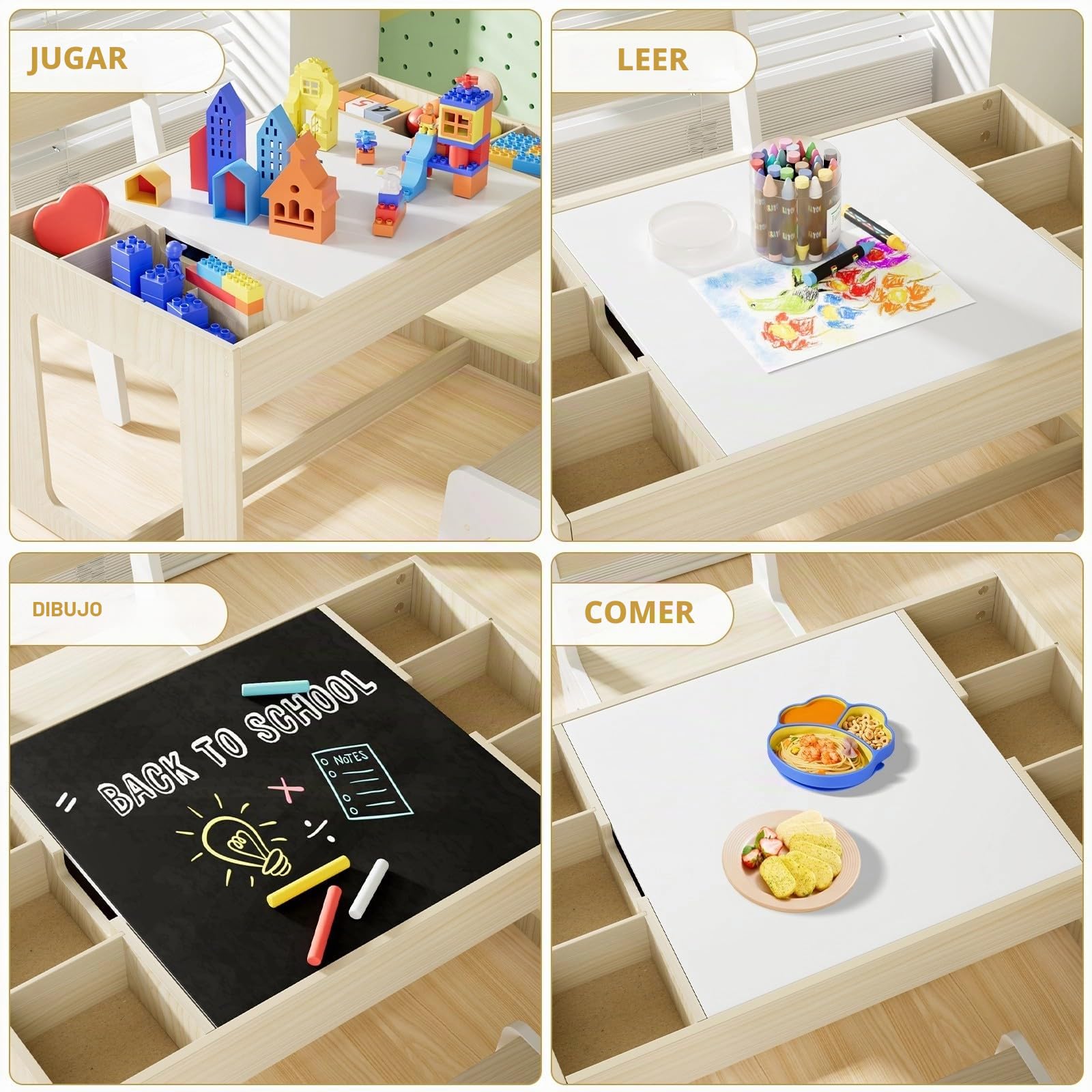Mesa y Silla Infantil con Espacio de Almacenamiento, Mesa Infantil con 2 Sillas, Mesa Infantil con Sillas con Tablero Reversible, para Colegio, Guardería, para + 3 Años, Habitación Infantil (Blanco)