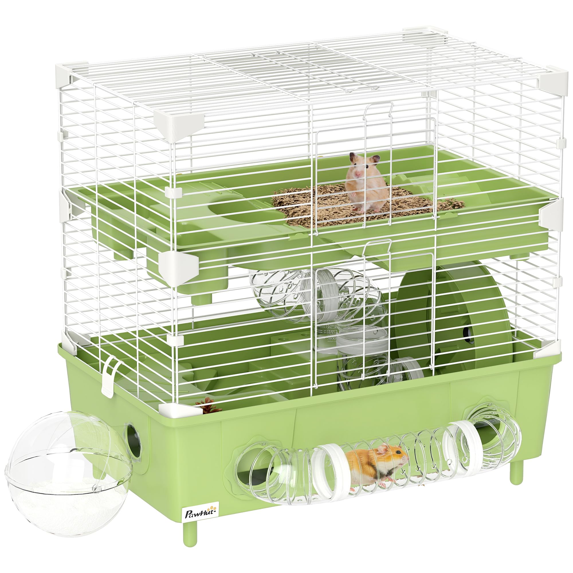PawHut Gabbietta per Criceto a 2 Livelli e 3 Porte con Ruota Silenziosa, Lettiera e Tubi di Gioco, Gabbia per Animali in Acciaio, PS e PP, 44.5x28x44 cm, Verde e Bianco