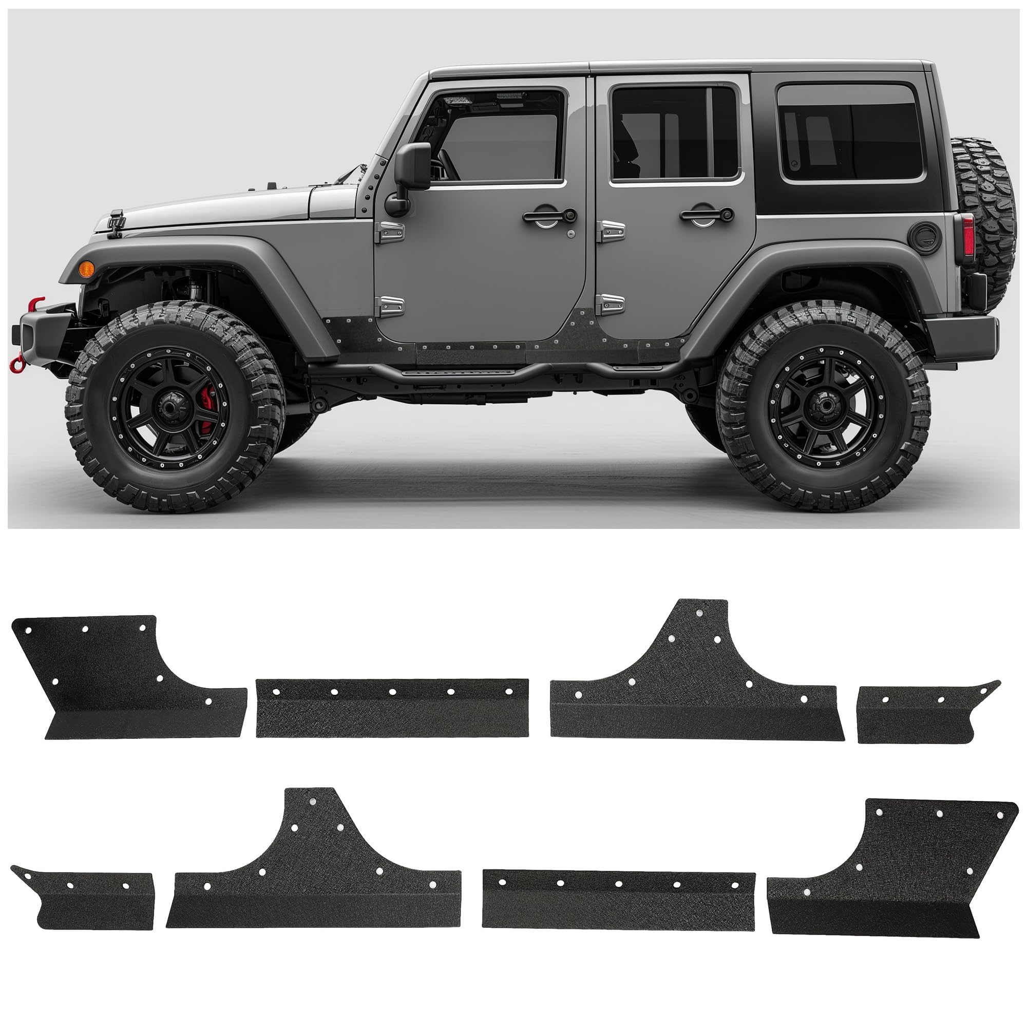 Kojem Door Armor Cladding Skid Plate Compatible with 2007-2018 Jeep Wrangler JK 4 Doors Powder Coated Steel Heavy-Duty Black Slider Rocker Guards Rock Panel