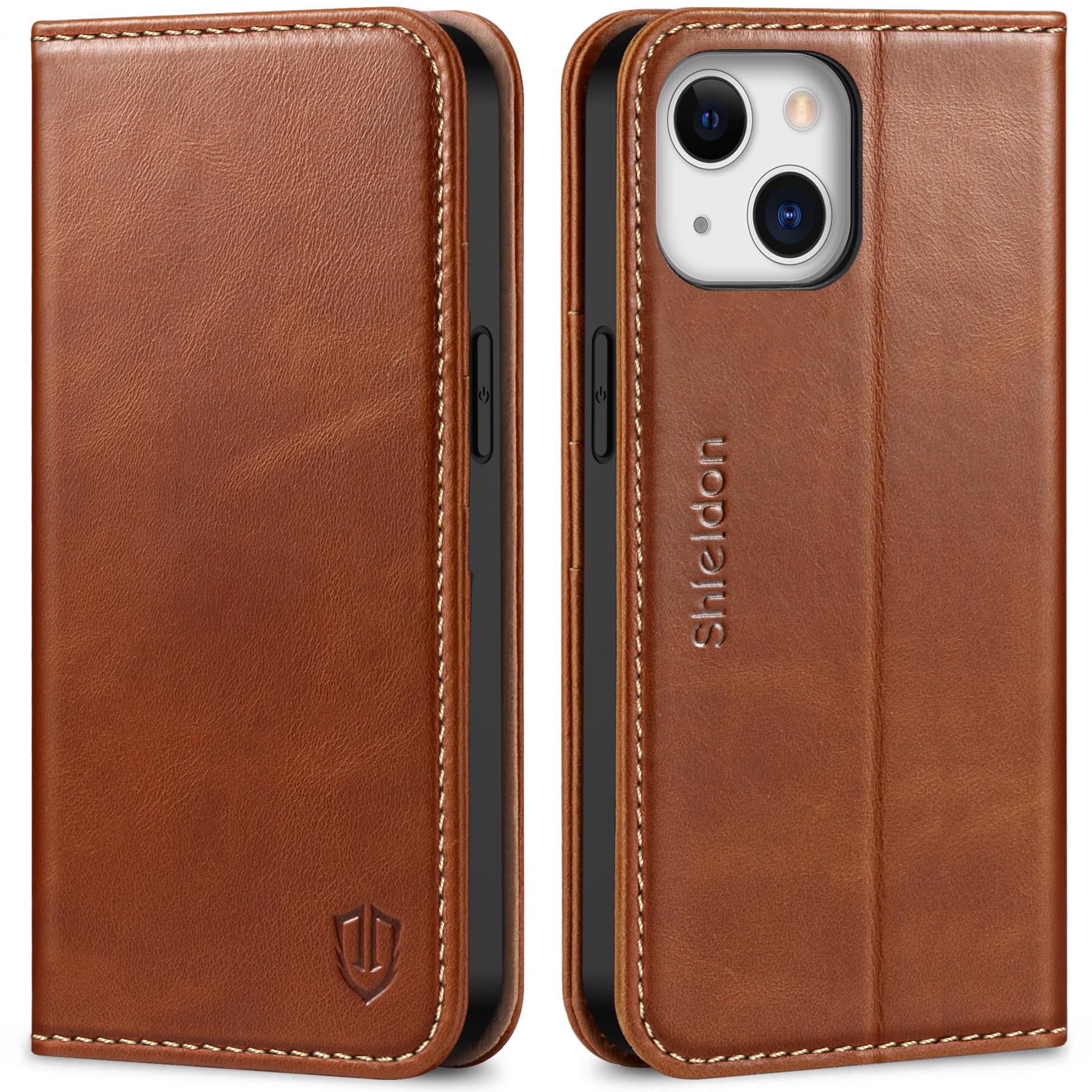 SHIELDON Wallet Case for iPhone 13 5G, Genuine Leather Folio Case Magnetic Shock Absorbing Cover RFID Blocking Credit Card Holder Kickstand Compatible