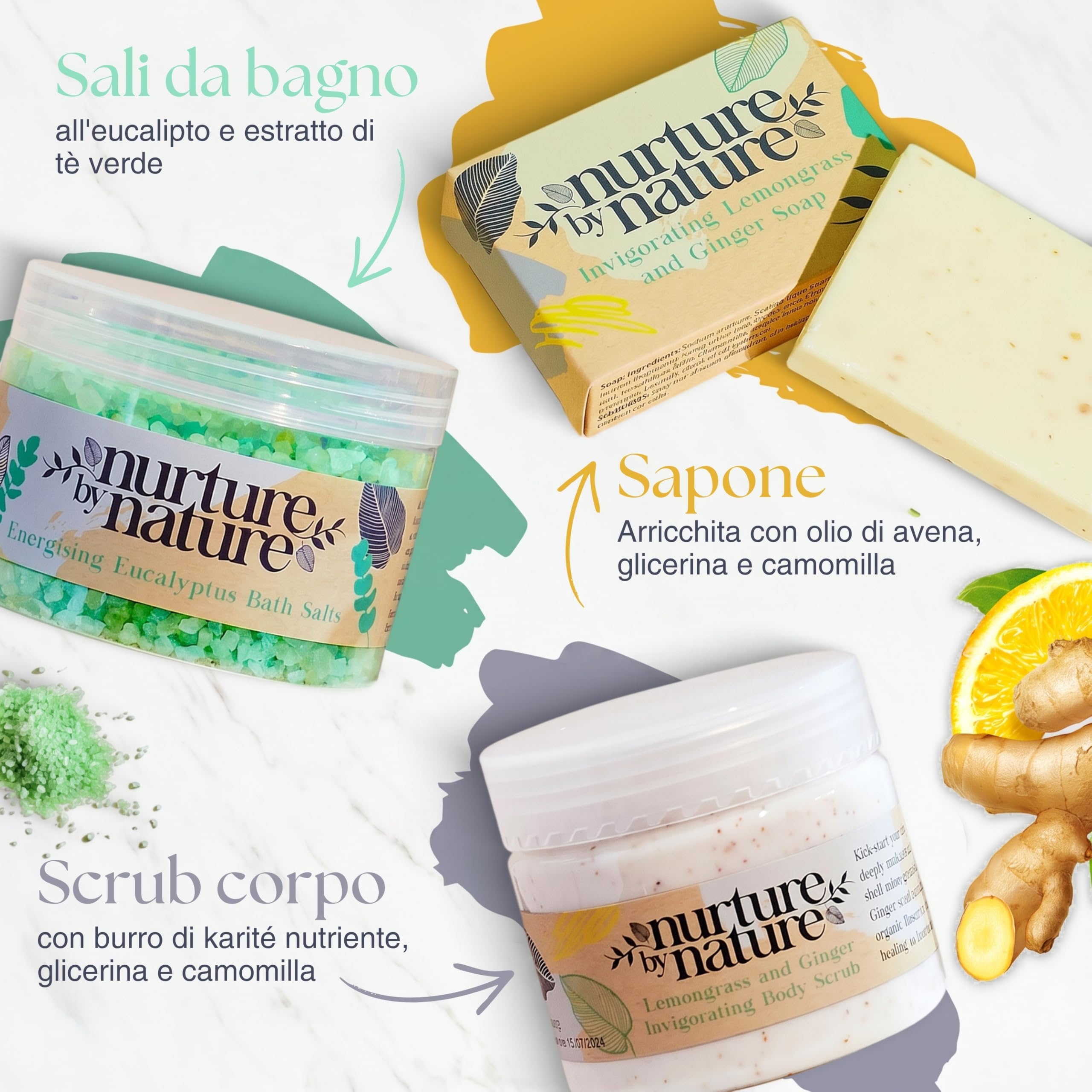 RELAX & ENERGIA | Set regalo spa da bagno di Nurture by Nature | Sali da bagno, scrub corpo, bomba da bagno, candela profumata, crema mani, sapone | Agrumi, Eucalipto | Regalo per donna, uomo