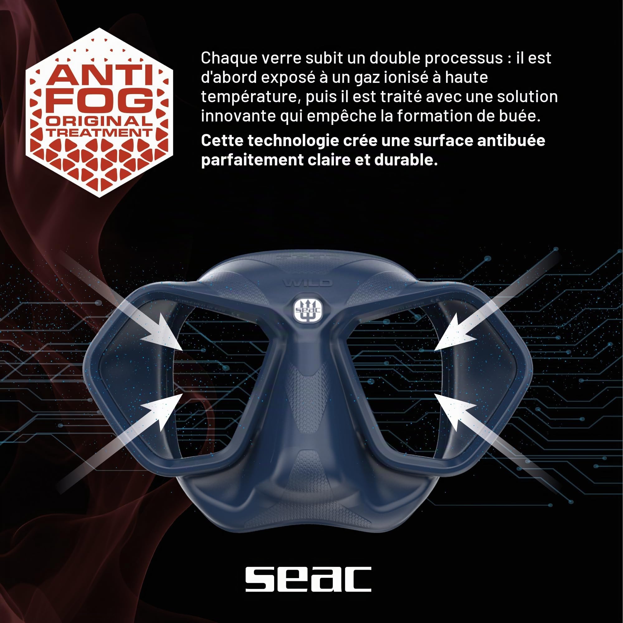 SEAC Wild Masque Low Volume Silicone Antifog Bi-Verre Apnée Pêche sous-Marine Boucle 3D Vision Périphérique