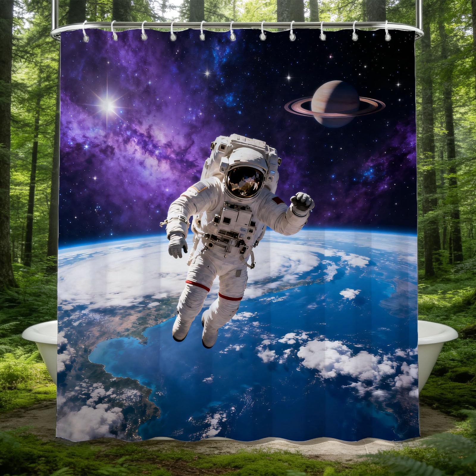 Hongduo White 3D Universe Shower Curtain For Stalls Bathtubs The Planet Bathroom Decor Shower Curtain Set Polyester Fabric Waterproof 200X200cm/79X79 Inch With Hooks