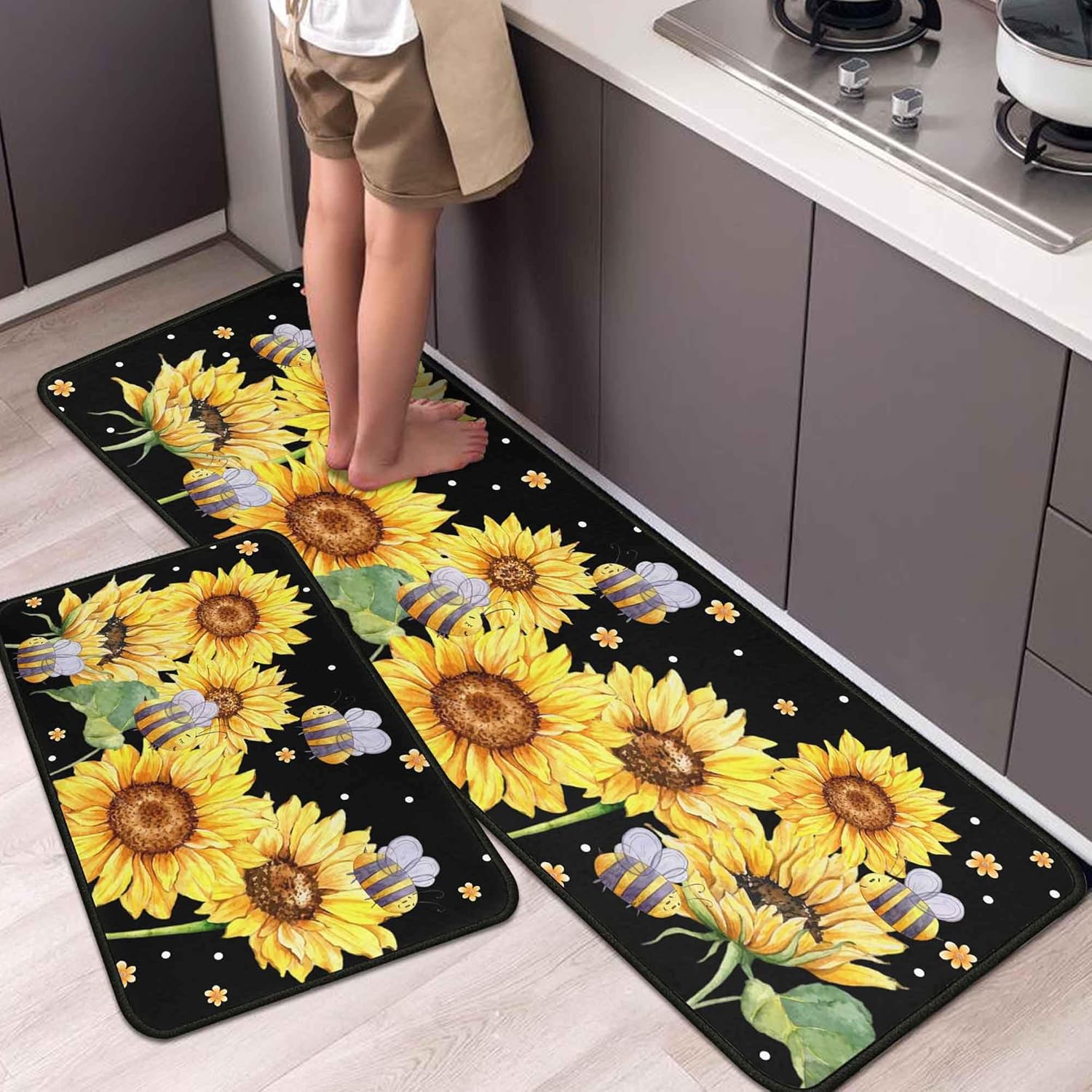 Sunflower Bee Kitchen Mat Set of 2, Watercolor Sunflower & Bee Print, Non-Slip Absorbent Kitchen Rugs for Floor, Laundry, Hallway & Farmhouse Decor 17"x47"+17"x30"