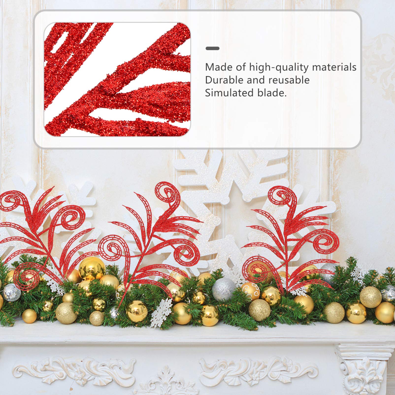 NUOBESTY 10pcs Christmas Glitter Leaves - Red Artificial PE Holly Leaf Picks For Tree, Wreath, And Home Decor