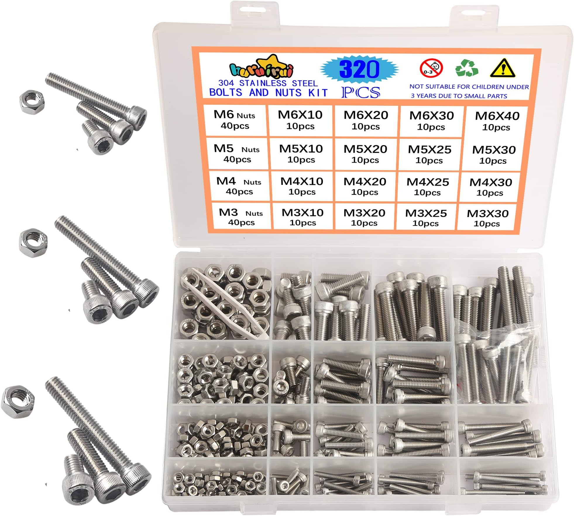 Nut and Bolts Set M3 M4 M5 M6 304 Stainless Steel Hex Socket Screw Bolts and Nuts Kit Hex Stainless Machine Screws With Storage Box 320PCS