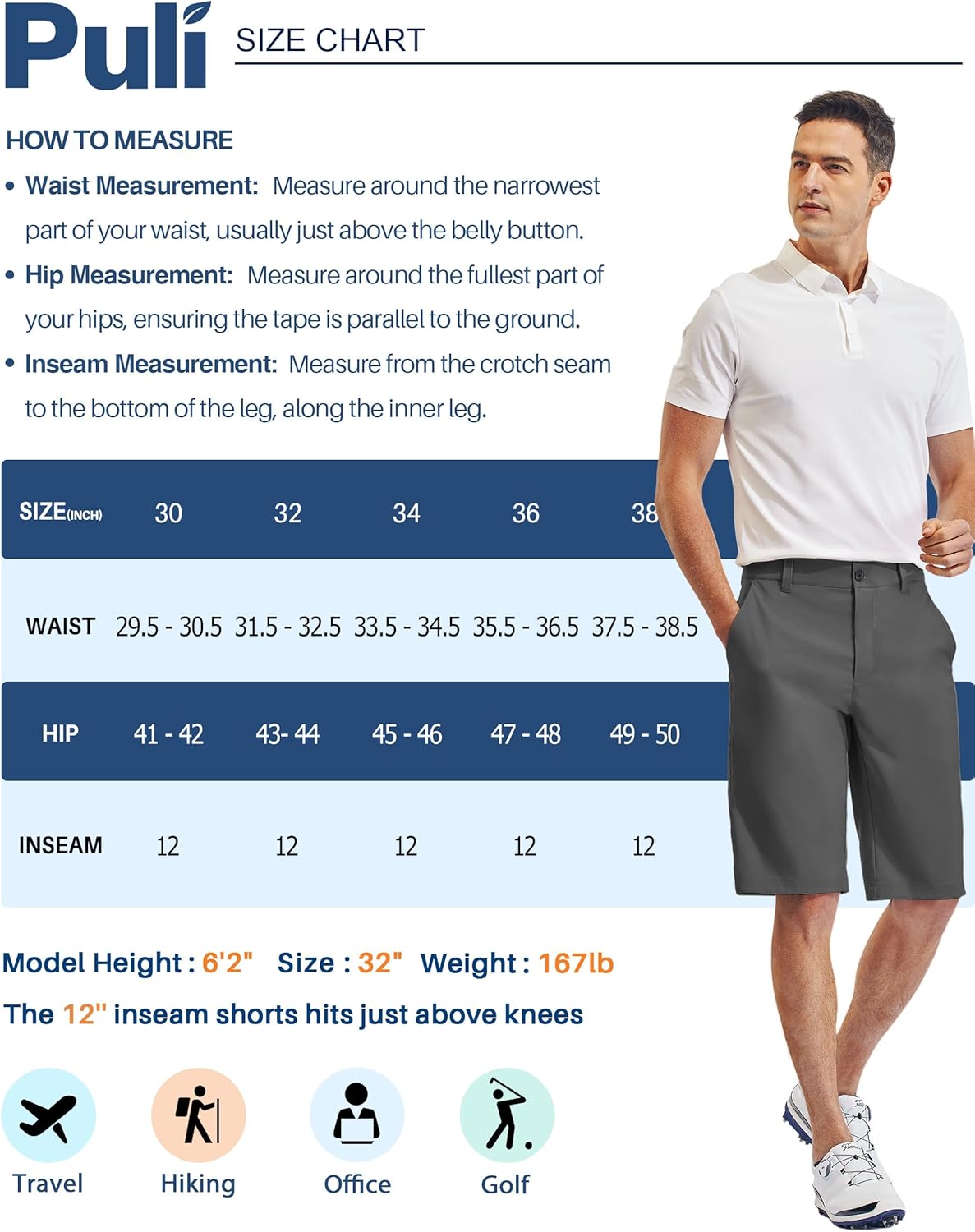 PULI Mens Golf Hiking Shorts Lightweight Casual Dress 12"/10" Inseam Work Stretch Travel Hybrid Quick Drying with Pockets - Image 6