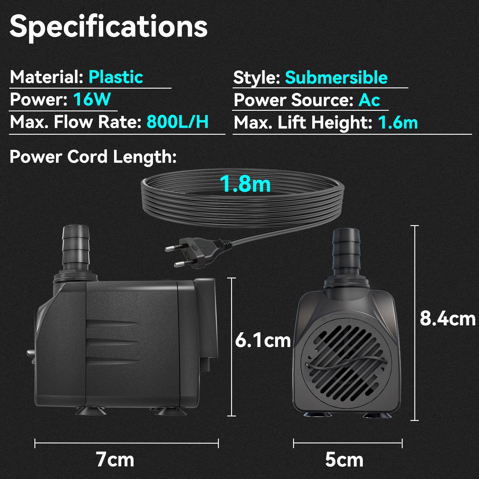 Pompa filtro per laghetto, 16 W, 800 l/h, protezione dal surriscaldamento, funzione ultra silenziosa, con cavo da 1,8 m, per fontane, sistemi idroponici. Pompa sommergibile, colore nero
