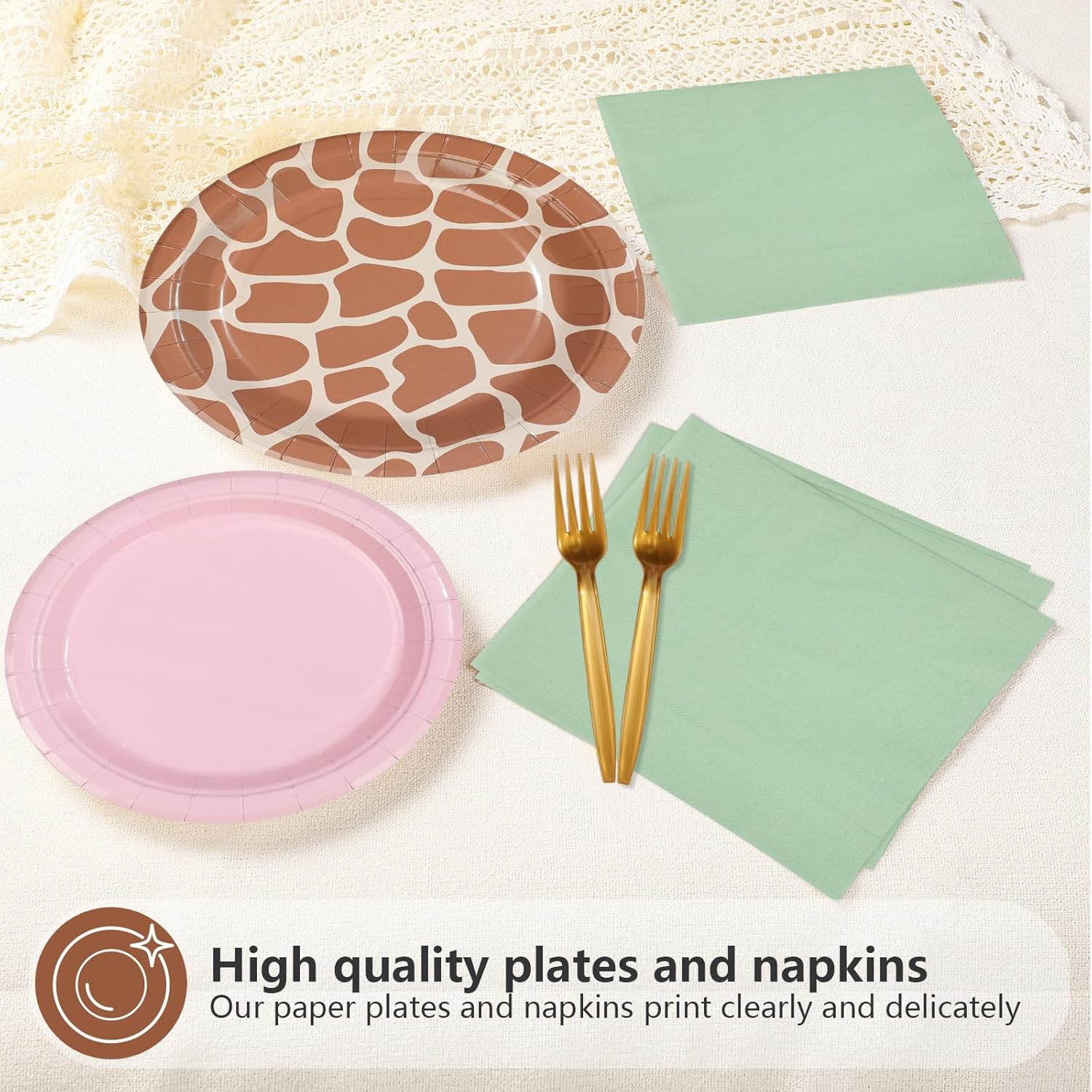 96Pcs Giraffe Pattern Party Plates and Napkins Disposable Jungle Giraffe Print Party Supplies Pink Green Safari Animal Tableware Set for Birthday Baby Shower Decoration