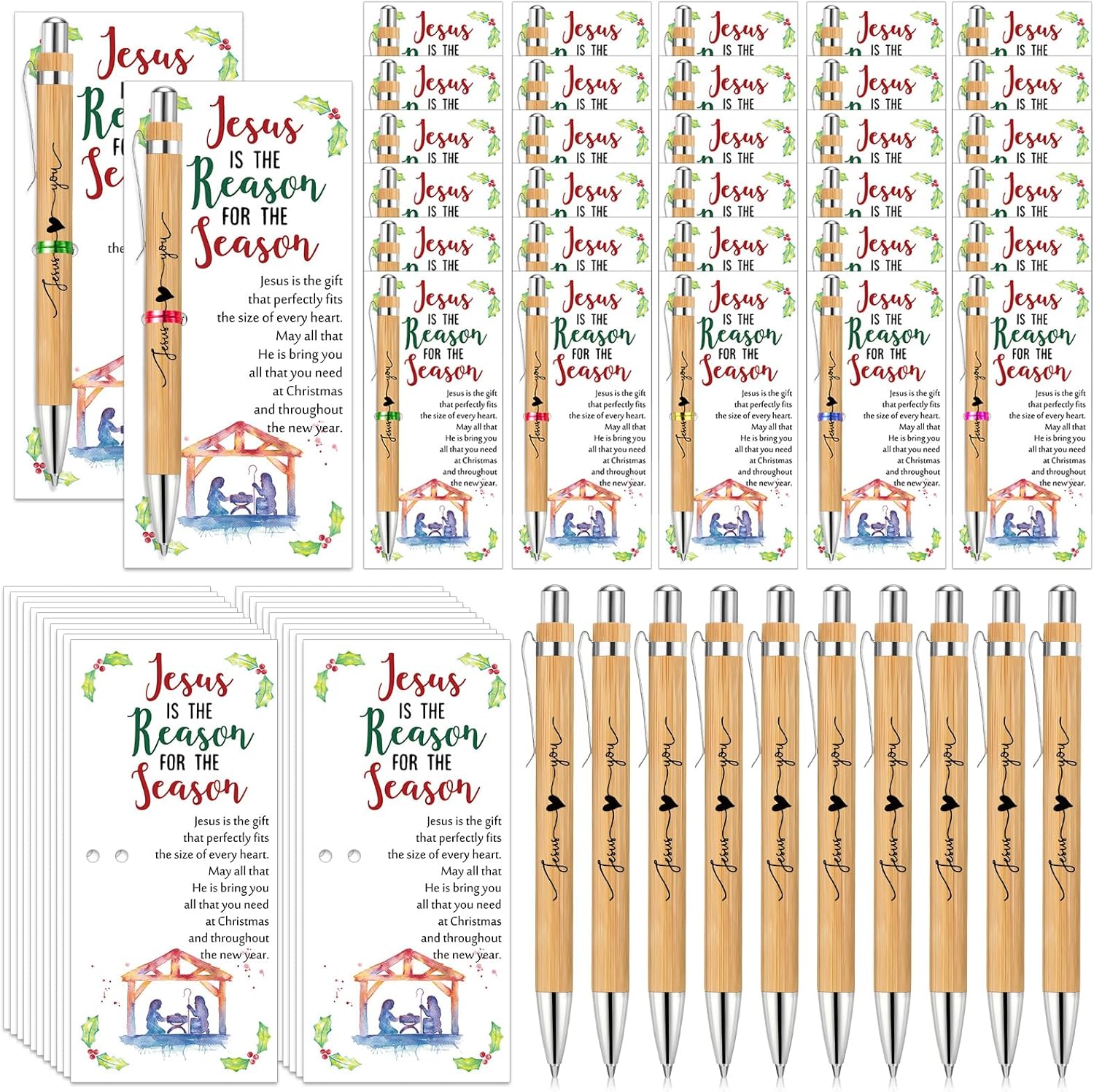 Sayglossy 60 Sets Christmas Christian Gifts Jesus Loves You Bamboo Christian Pens Retractable Bible Verse Pens Bulk with Religious Christmas Cards Church Gifts for School Women Men