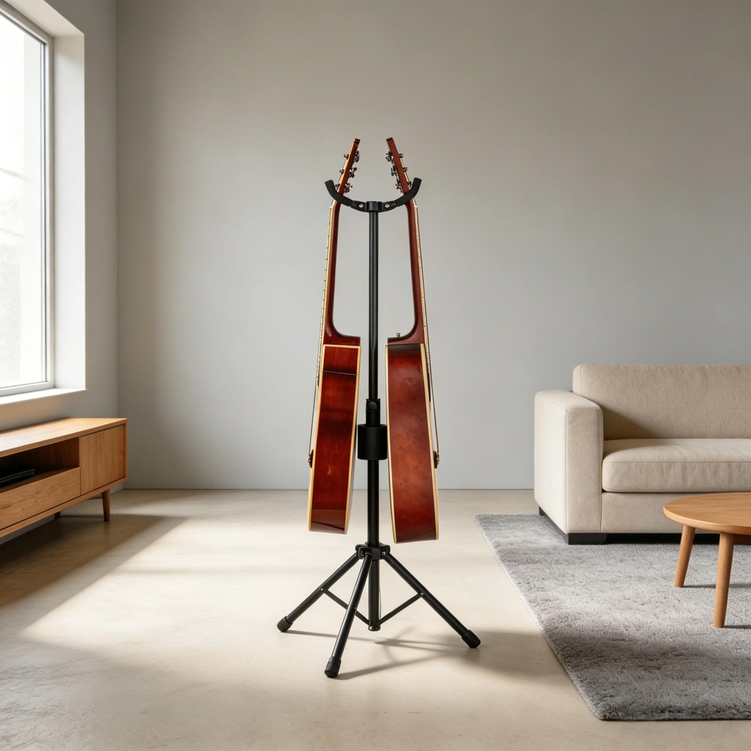Double Guitar Stand, Portable Tripod Adjustable 2 Guitar Stand Floor for Acoustic, Bass & Electric, Dual Folding Stand for Banjo with Strap & Picks
