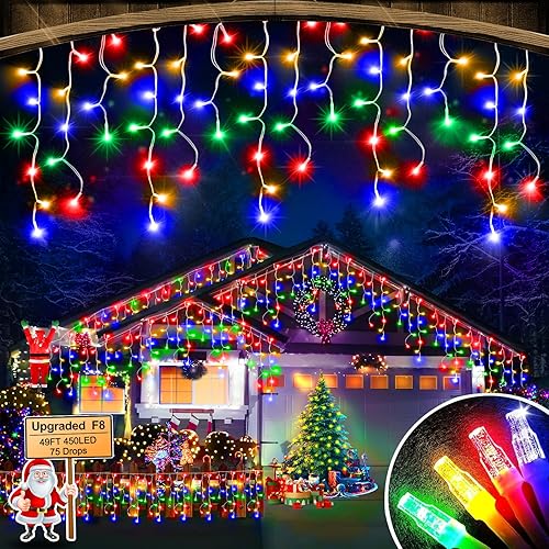 Luces de Navidad para exteriores, 49 pies, 450 luces LED de hielo para exteriores, tira de luces de hielo con 8 modos, temporizador impermeable con