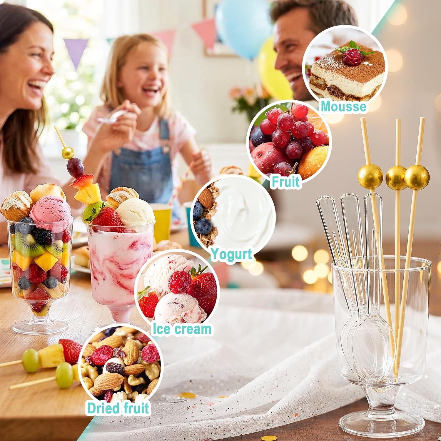 220 Pcs 4 oz Mini Dessert Cups with Spoons and Bamboo Skewers, Round Clear Plastic Parfait Shooter Cups for Parties - Serve Fruit, Ice Cream, Mousse, Pudding, Yogurt, Appetizers, Vasos para Postres