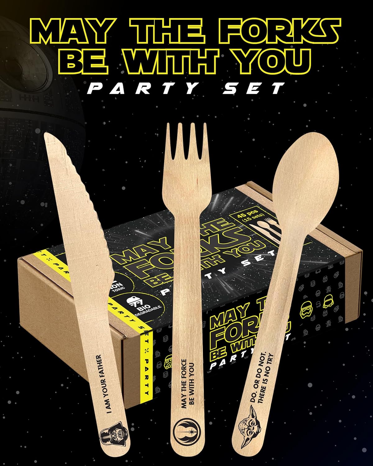 Party Supplies “May The Forks Be with You” | Disposable Wooden Cutlery Set - 45 PCS SW Birthday Party Favors, Decorations, Gifts for Kids and Adults - 15x Forks, Spoons, Knives