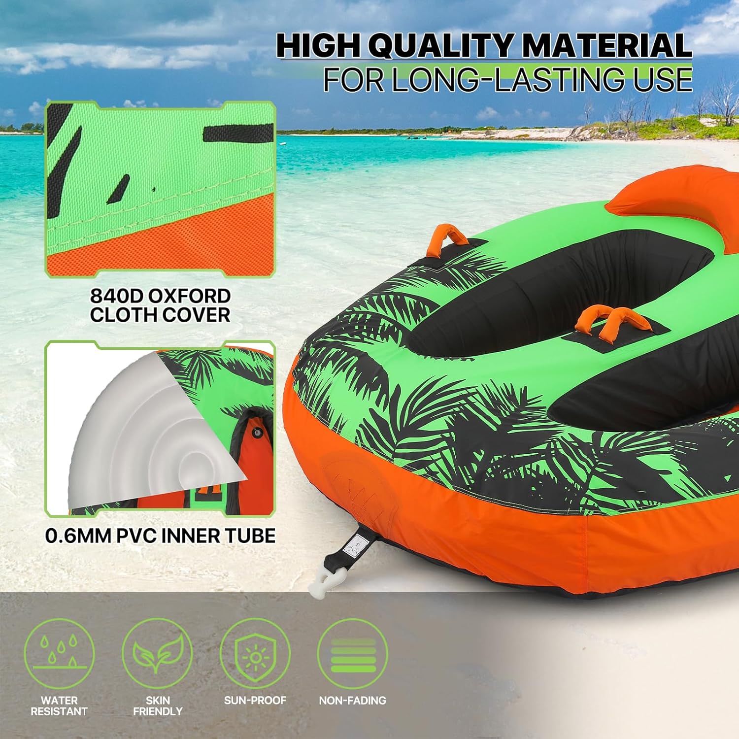 Magshion 2-Person Towable Tube for Boat, Inflatable Water Tube with Quick-Connect, Backrests & EVA Handles, Heavy Duty PVC Raft for Lake, Ocean, River, 1300lbs Capacity (840D Oxford Cover)
