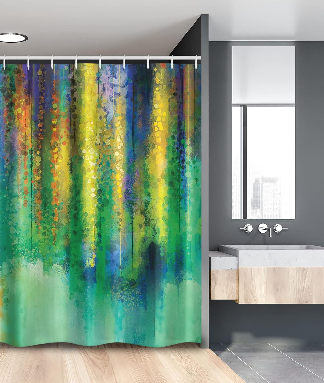 Ambesonne Watercolor Flower Stall Shower Curtain, Abstract Style Spring Floral Watercolor Style Painting Image Nature Art, Fabric Bathroom Decor Set with Hooks, 54" W x 78" L, Green Yellow