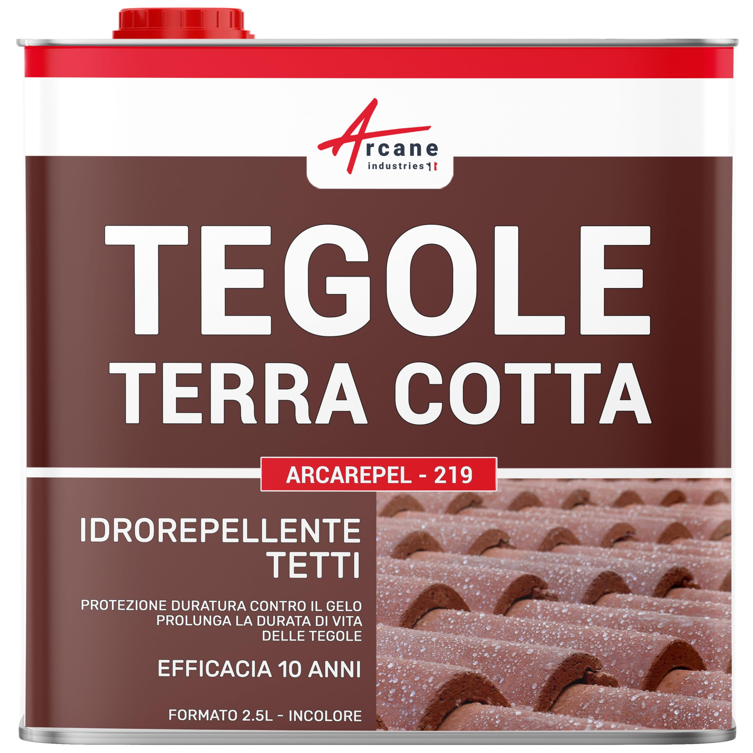 Idrorepellente Tetto per Tegole in Terracotta 2,5 L (fino a 12,5 m²) | Impermeabilizza le Tegole in Terracotta, Incolore, Effetto Perlante, Protegge da Gelo e Alghe - Arcane Industries