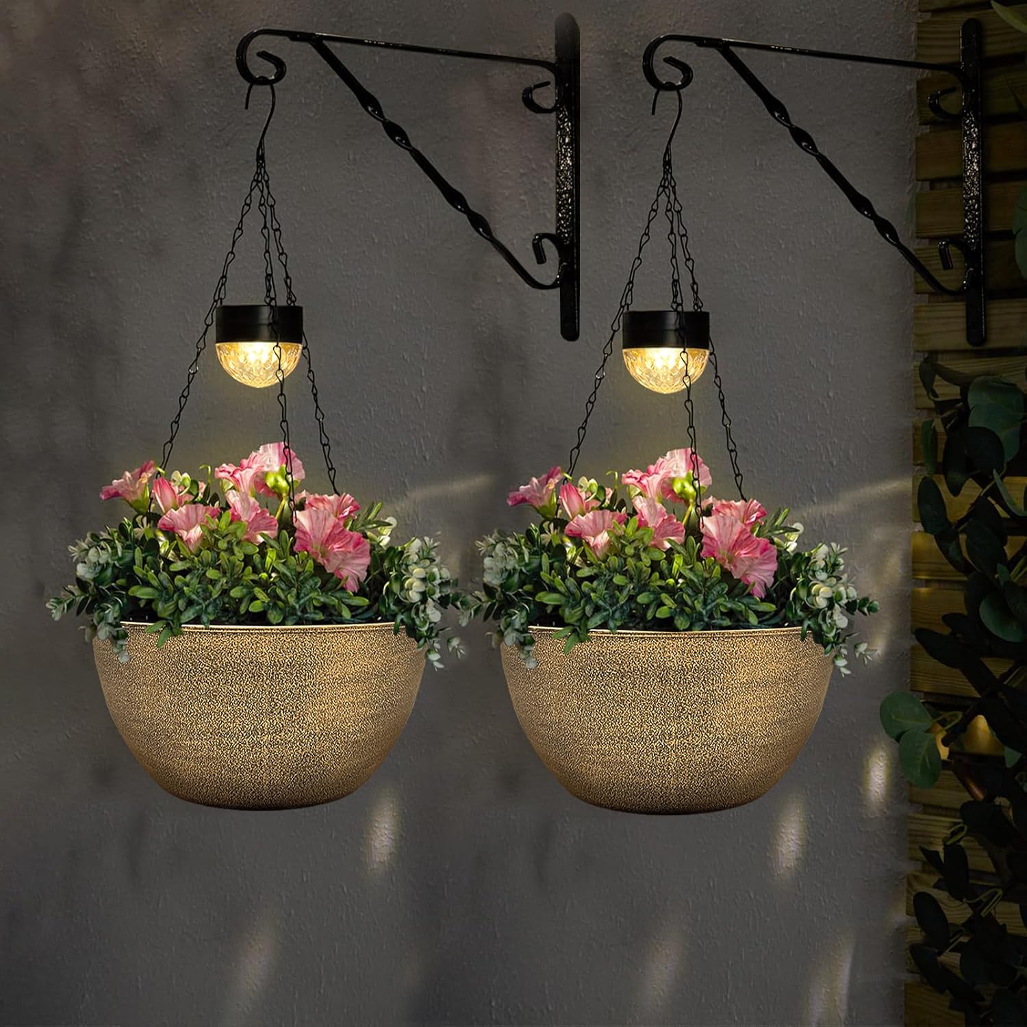 BAYN 2 Packs Solar Hanging Basket Planters for Plants Outdoor, Self Watering Copper Flower Plants Pots with Solar Light Drainer for Balcony Patio Garden Outdoor Decoration
