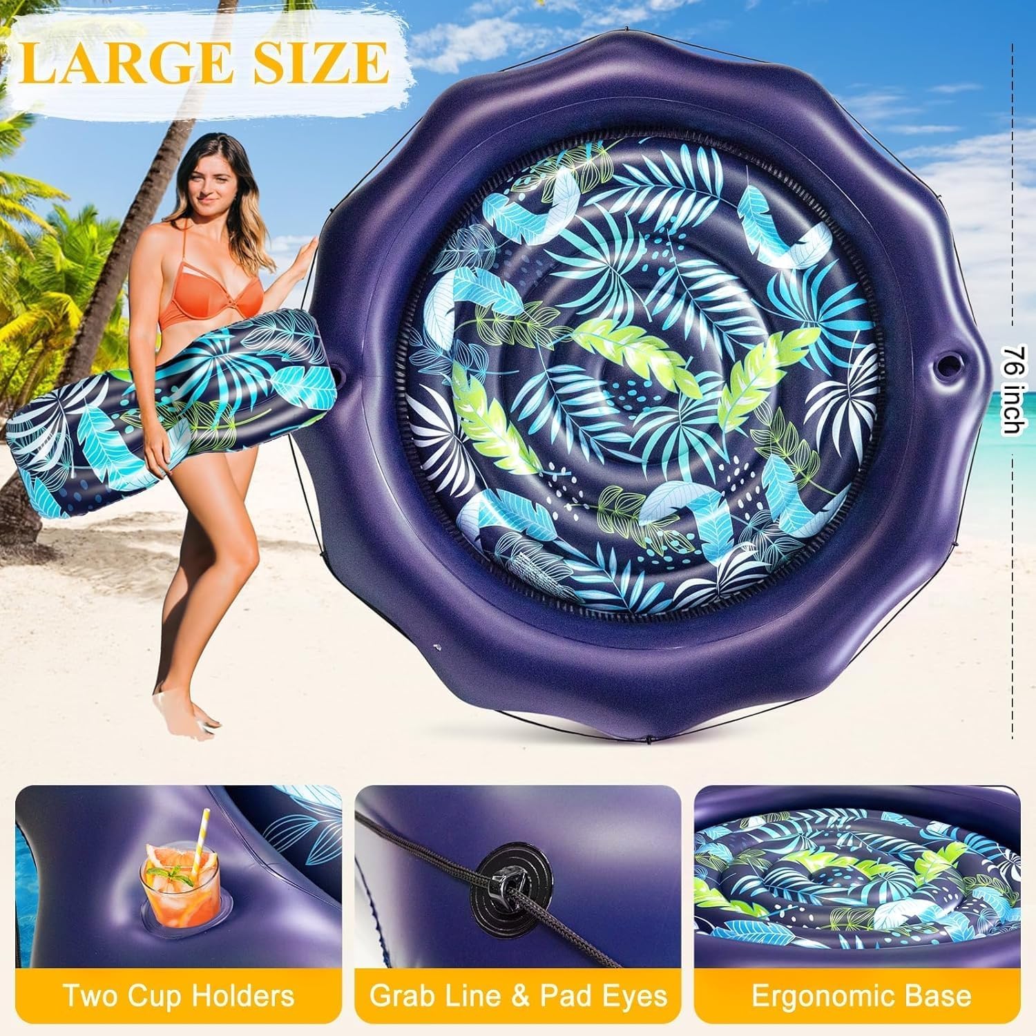 Tanning Pool Lounger Float, Extra Large Inflatable Pool Floats Adult Heavy Duty with Pillow & Cup Holders, Round Water Pool Raft Floaties Bed for Backyard Lake River Beach Outdoor