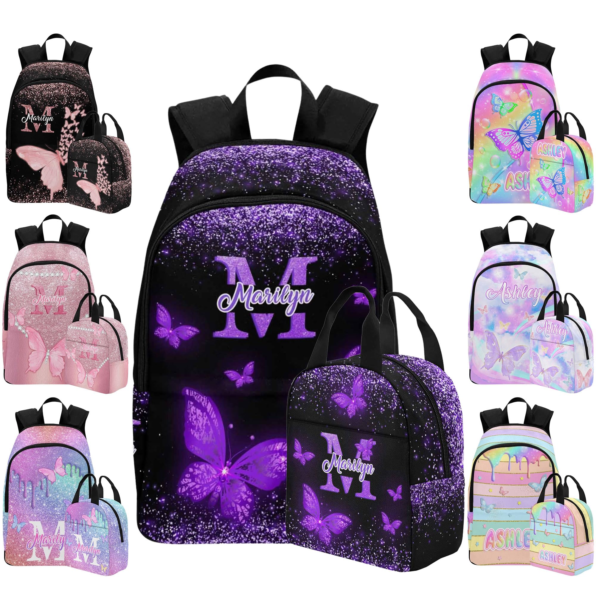 M YESCUSTOM Custom School Butterfly Backpack for Girls, Personalized Name Girls Bookbag Elementary Middle School Bags Travel Laptop Back Pack Casual Daypacks