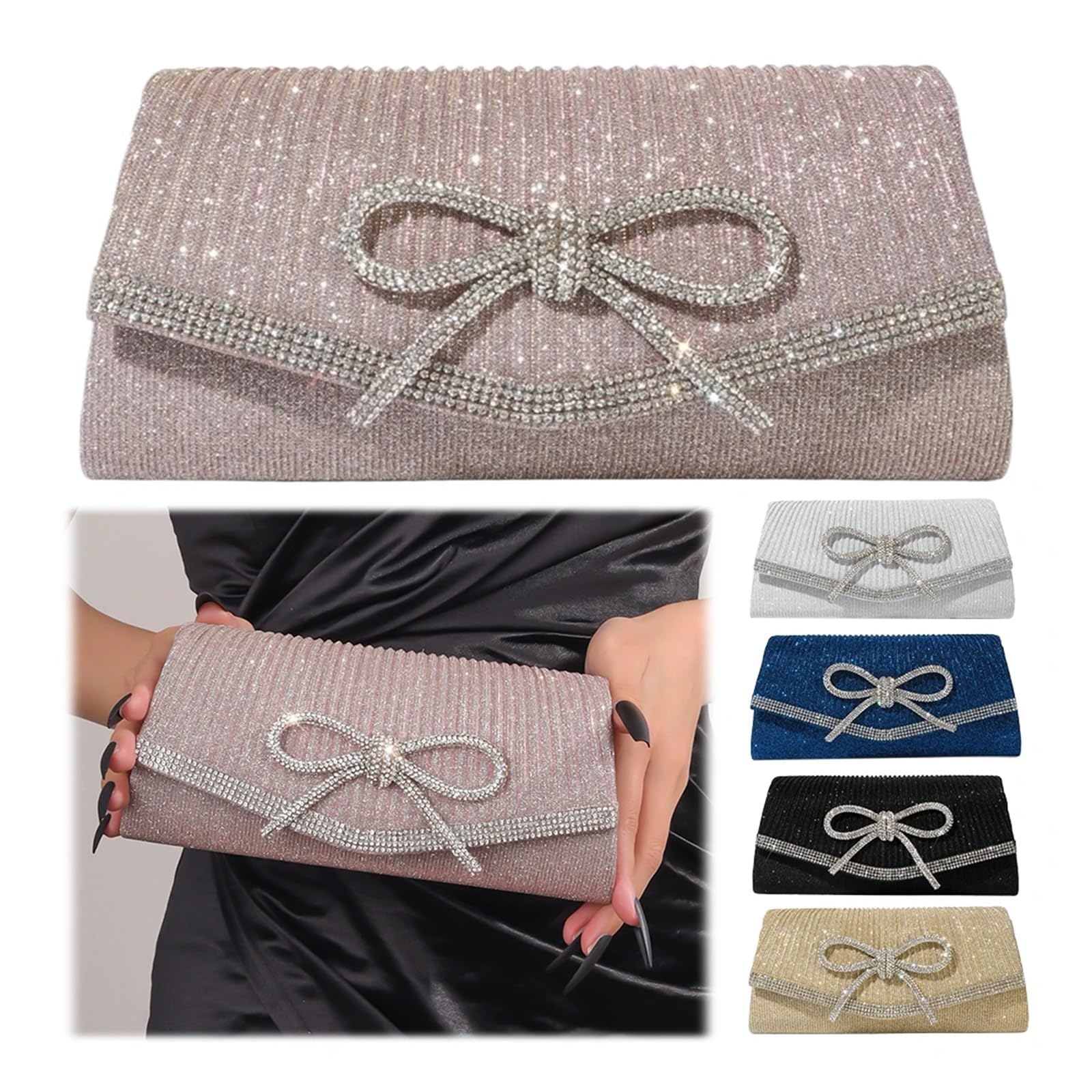 Borsa con Strass Bolso de noche for mujer, bolso con lazo, hombro brillantes y diamantes imitación, correa ajustable, for boda, fiesta, graduación