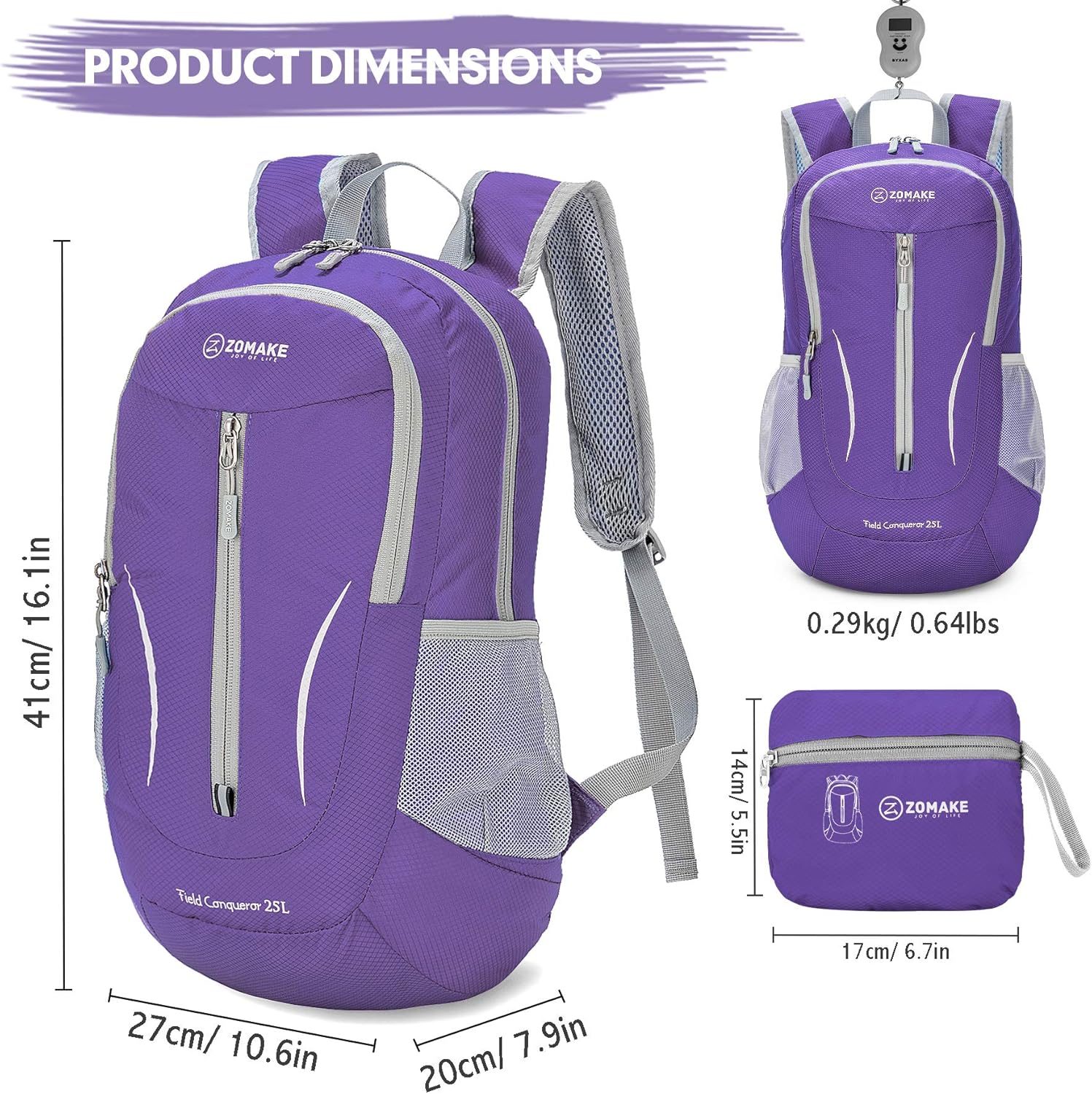 ZOMAKE Ultra Lightweight Packable Backpack 25L, Foldable Hiking Backpacks Water Resistant Small Folding Daypack for Travel(Purple) - Image 2