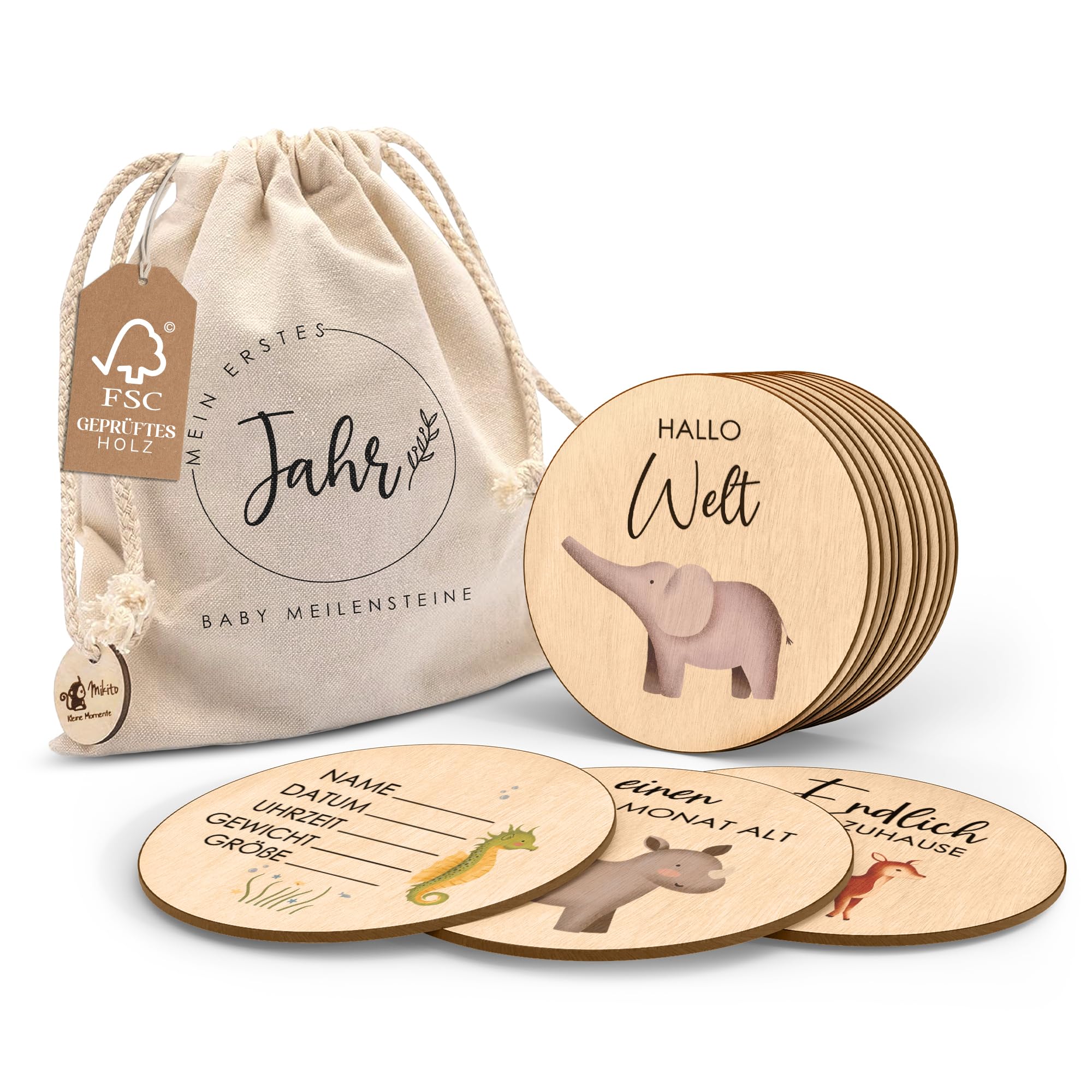 Holz Meilensteinkarten Baby mit farbigen Tierchen bedruckt - 30 Meilensteine auf edlen Holzscheiben als Geschenk zur Geburt/zur Babyparty für Schwangere, werdende Mütter, werdende Eltern.