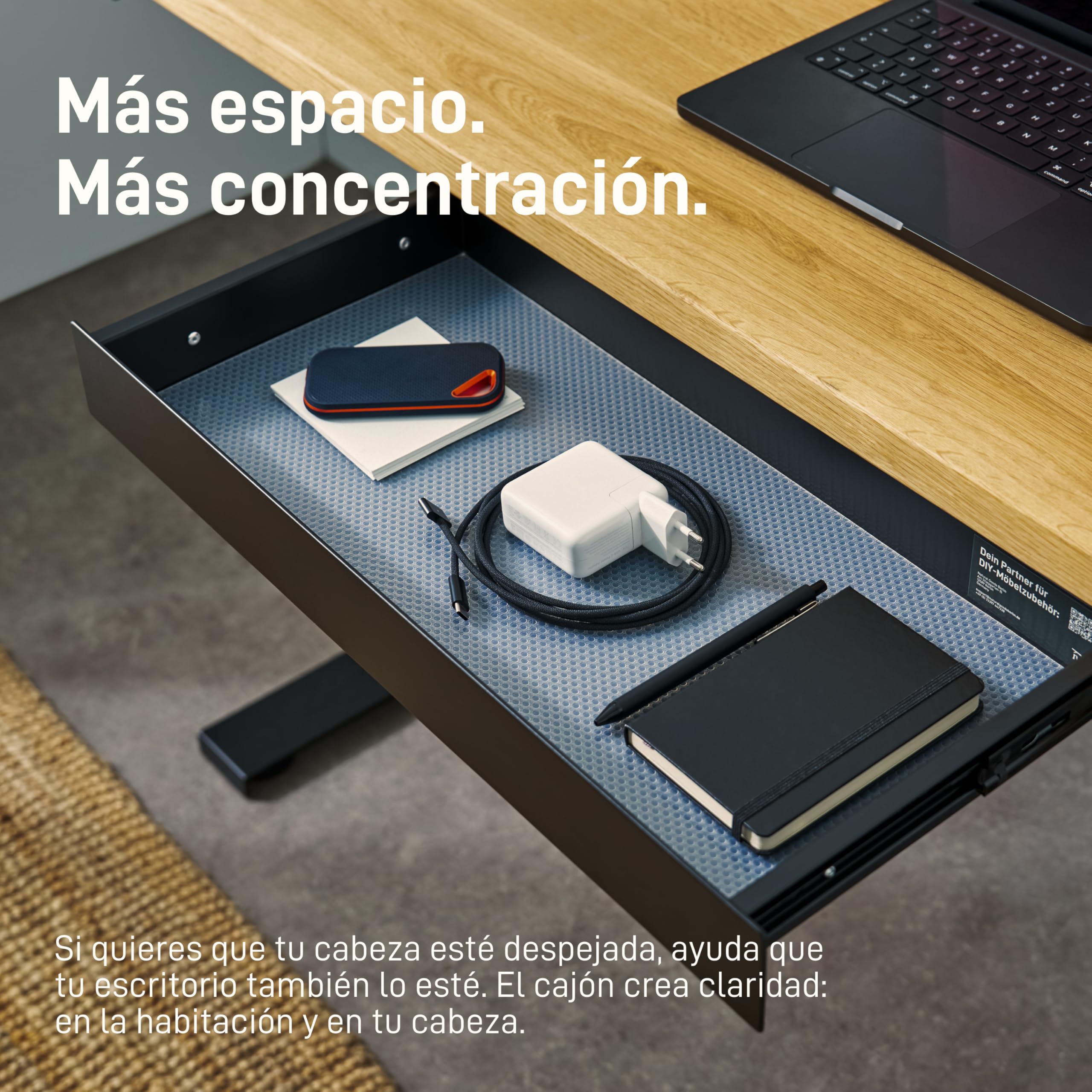 Natural Goods Berlin EXPERT - Cajón de metal negro con alfombrilla antideslizante - 55 x 25 x 5 cm - para debajo de la mesa o cajón