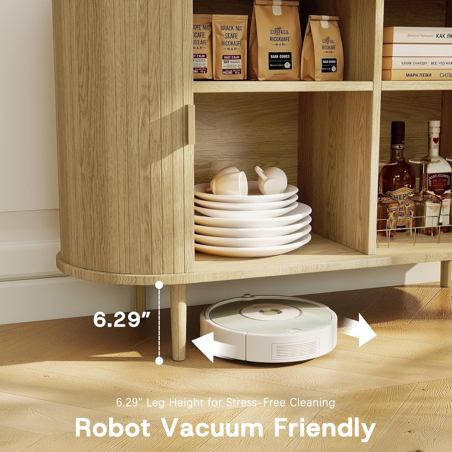 Fluted Sideboard Buffet Cabinet with Storage, 47" Mid-Century Modern Console Table with Sliding Doors, Wood Credenza for Dining Room, Coffee Bar Station, Light Oak