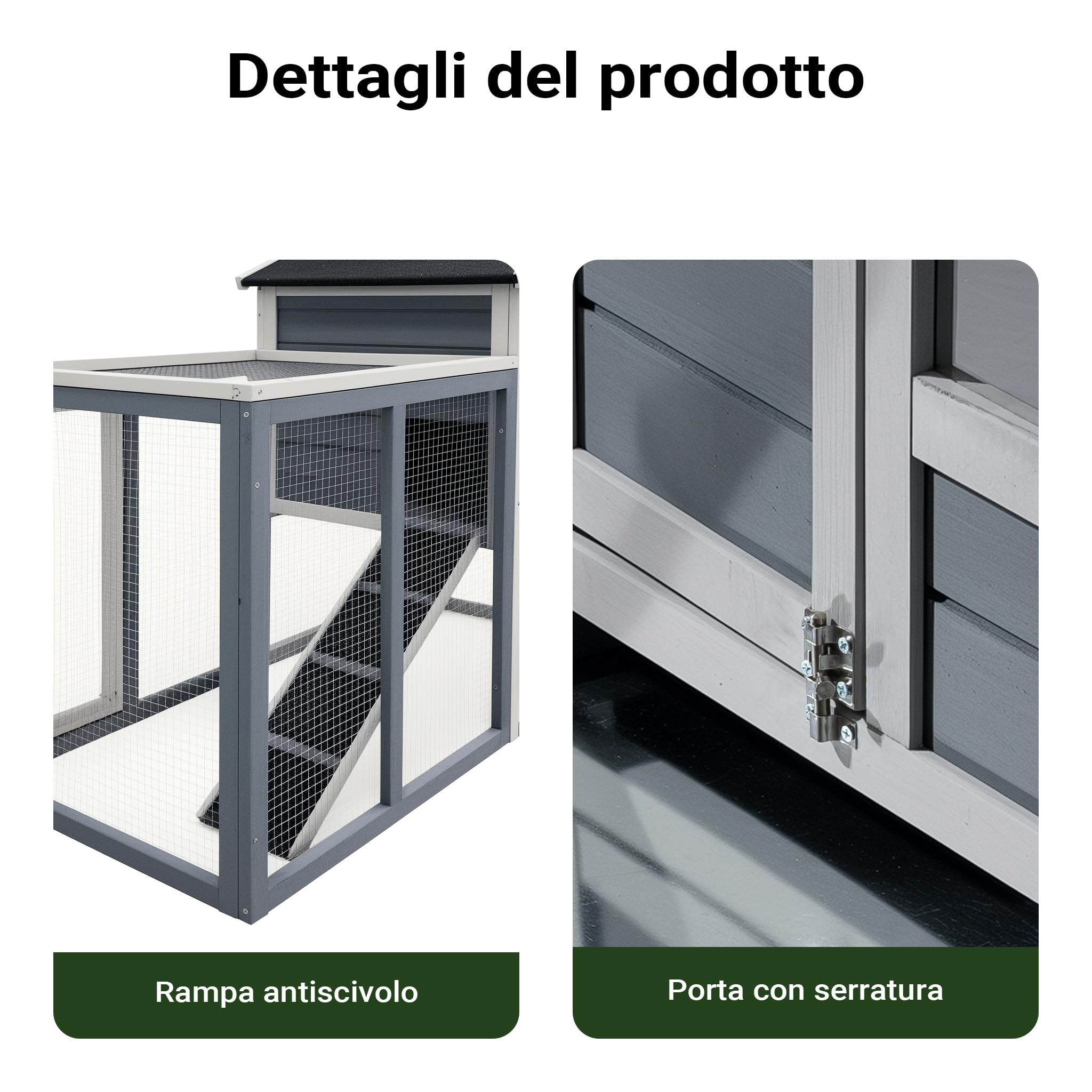 Conigliera con recinto esterno, rifugio rialzato grigio legno di abete