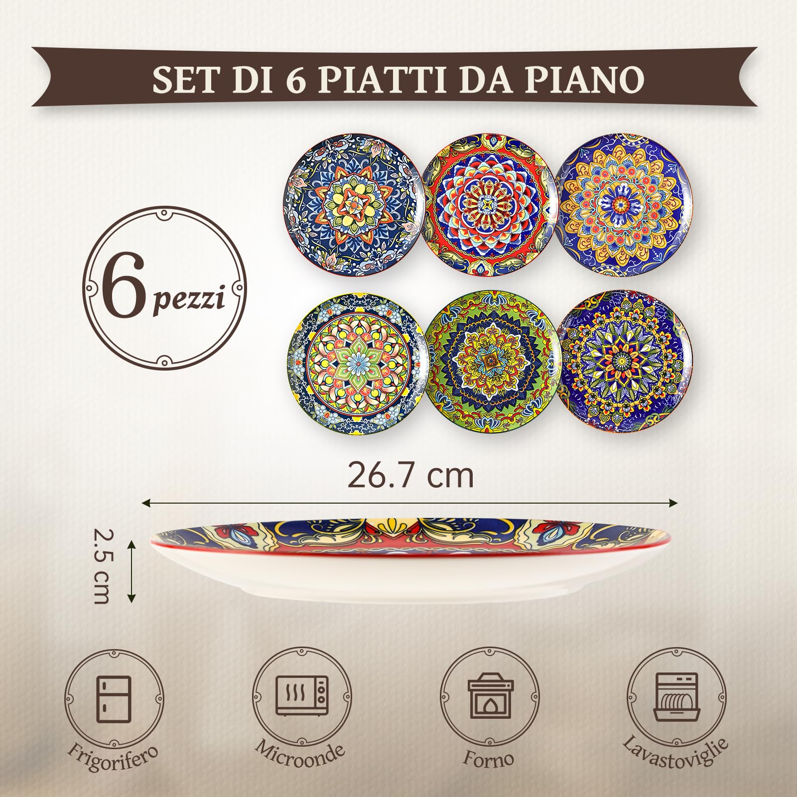 AHX Set di 6 Piatti Piani in Ceramica - Piatti Colorati Grandi per Portate Principali, Pasta, Insalata e Bistecca - Stile Bohémien - Adatti a Microonde e Lavastoviglie - 26,7 cm