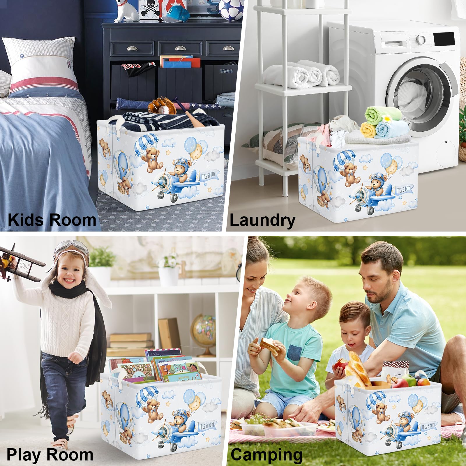 Clastyle Grande Cestino Portaoggetti Orso Pilota Palloncini Blu con Maniglia Ceste per la Biancheria Pieghevole Rettangolare Vestiti Giocattolo per Camera dei Bambini Bagno