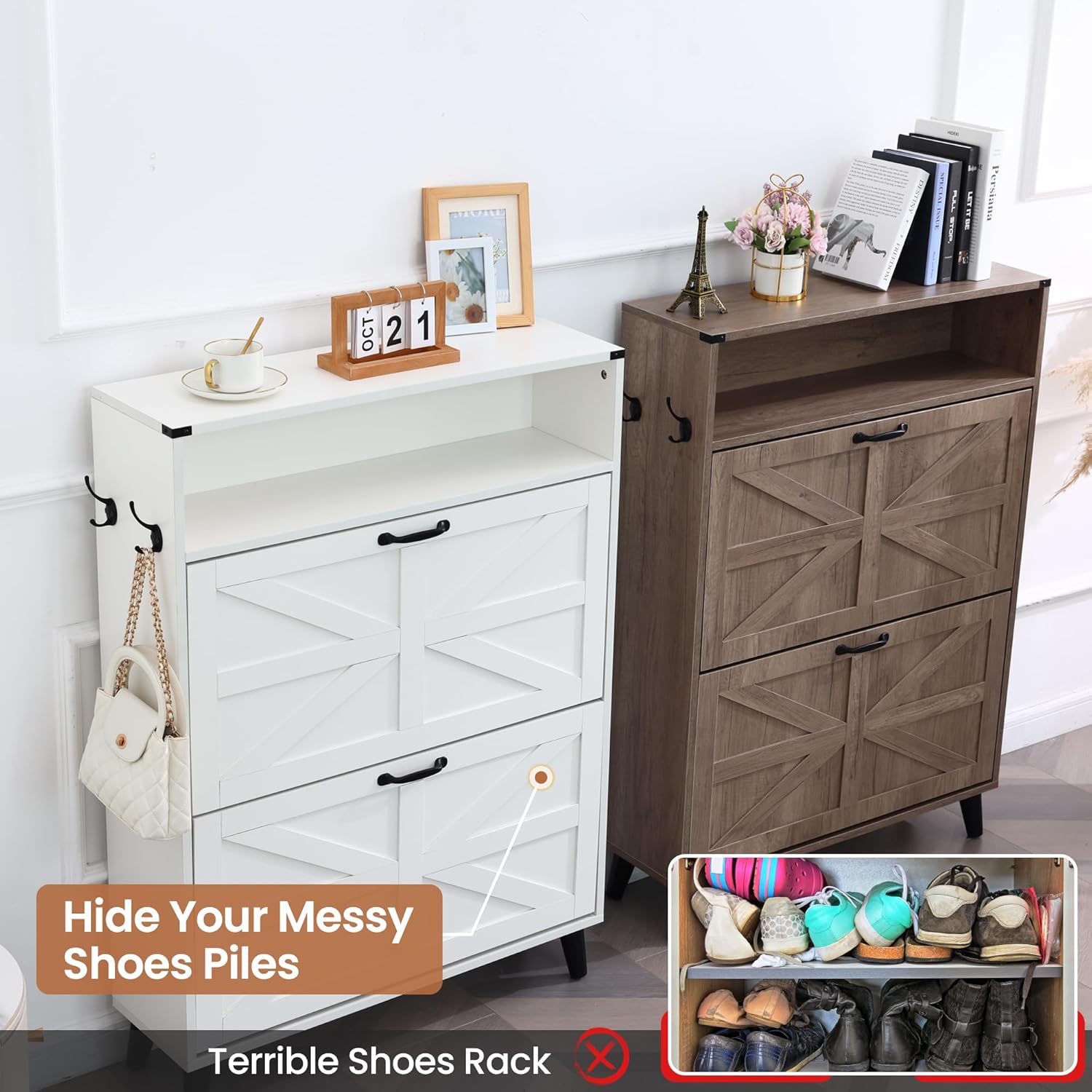 Shoe Storage Cabinet with 2 Flip Drawers, Farmhouse Shoe Cabinet with Open Storage for Entryway, Freestanding Hidden Slim Narrow Shoe Rack Cabinet for Hallway, Closet, Living Room (Pure White)