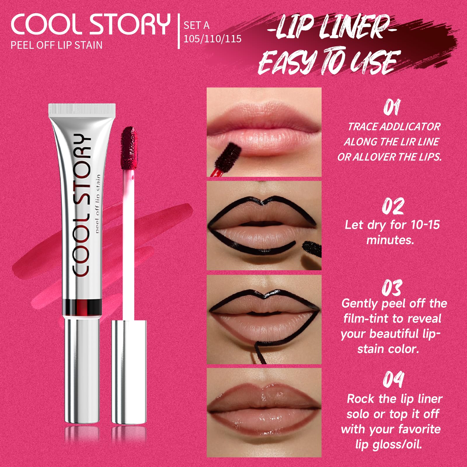 3PCS Peel Off Lip Stain Lip Tint Set, Matte Lipstick & Lip Liner, Waterproof Long Lasting Peel Off Lip Gloss - Image 4