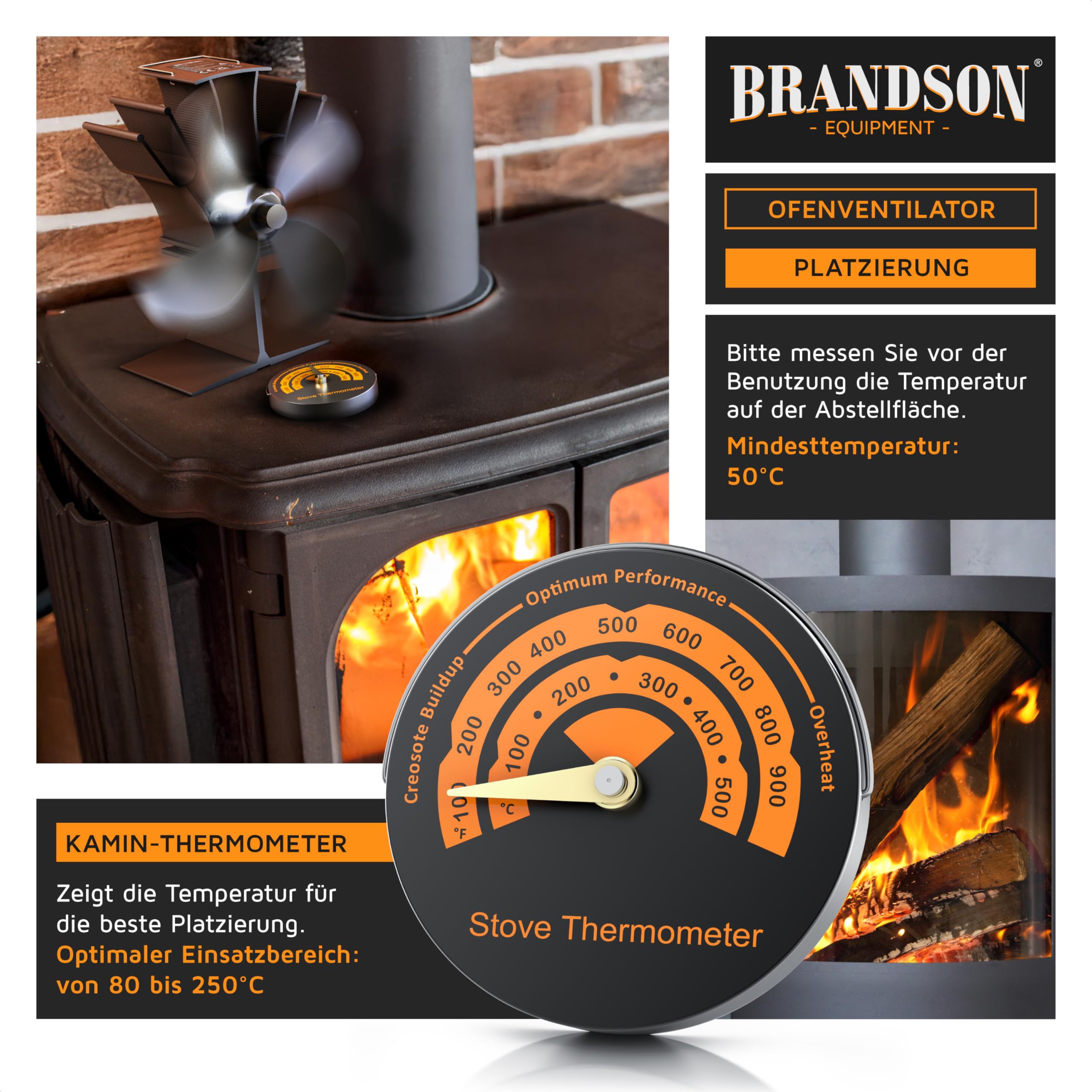 Brandson - Ofenventilator wärmebetrieben - Kamin Ventilator - Lüfter für Kaminöfen Holzöfen Öfen - 4 Flügel Rotorblätter – Rotordurchmessser 180mm – Wärmeverteiler ohne Strom – schwarz
