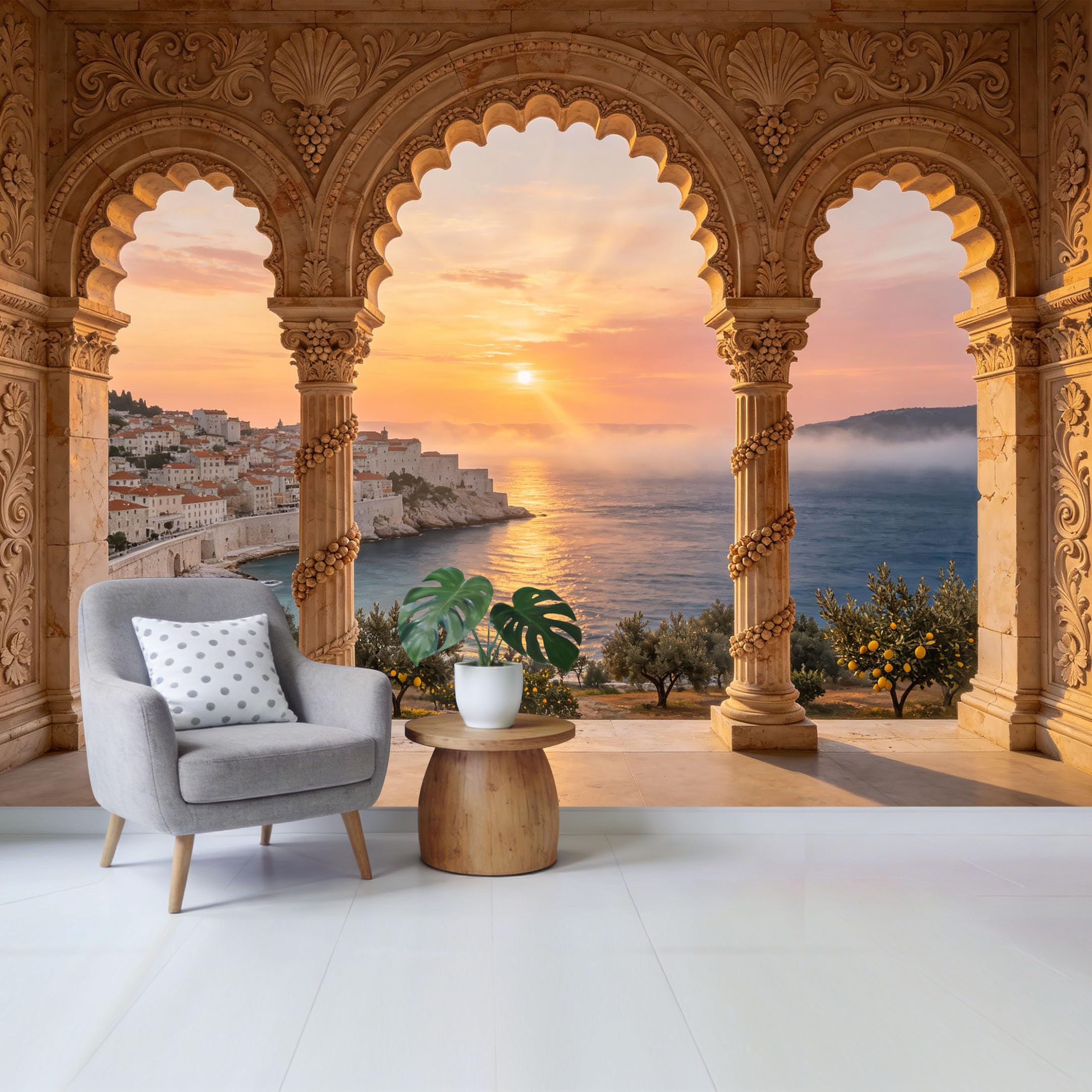 Removable Self Adhesive Fabric Mural， Mediterranean Coastal Sunset Archway Custom Size Wall Covering， UV Protected Waterproof Washable Wall Decor for Living Room Bedroom Bathroom