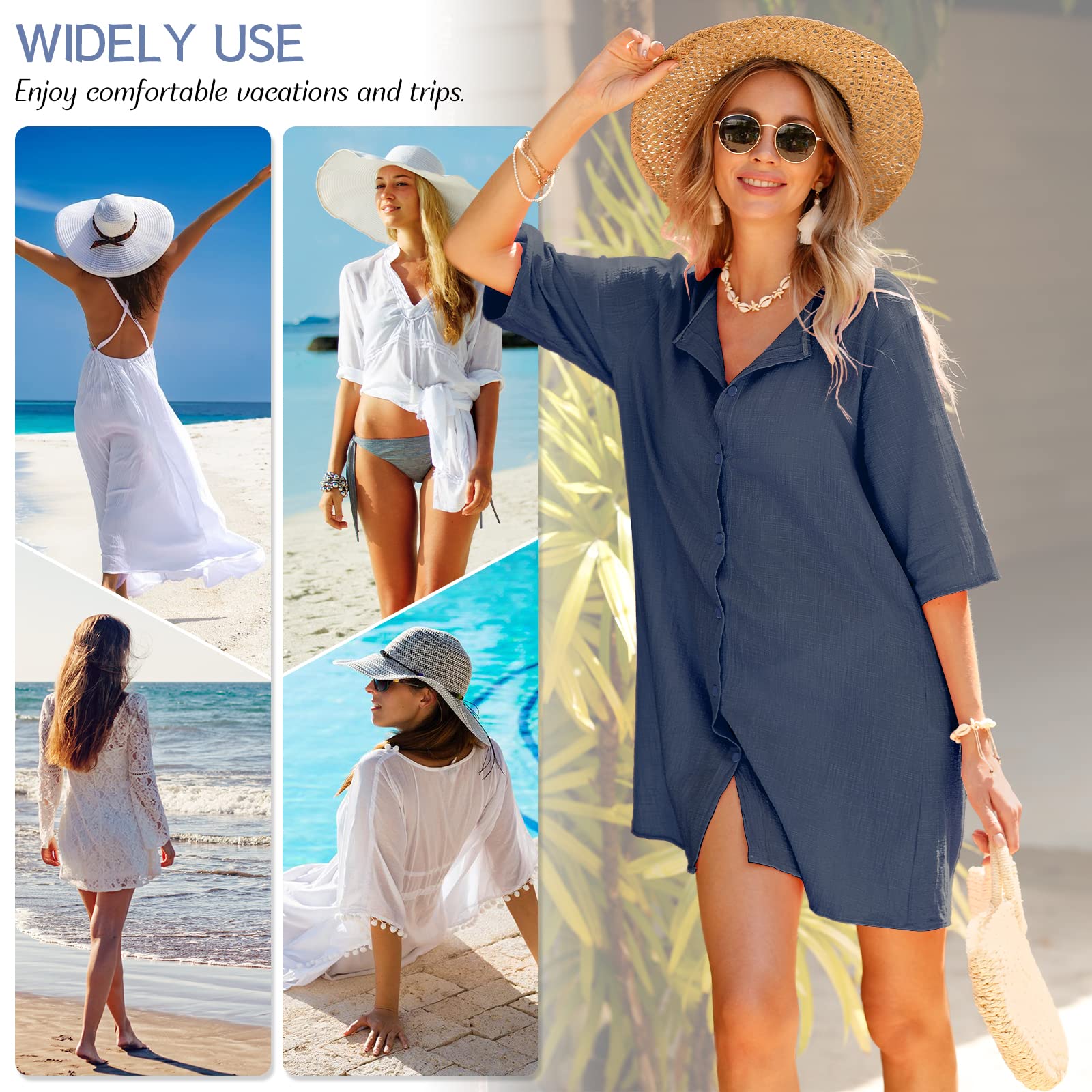 Svanco Mujer Vestido de Playa Transparentes Algodón Blusa de Bikini Cover up Suelto Verano Camisolas y Pareos Color Sólido Casual Ropa de Playa con Boton Trajes de Baño Pareos