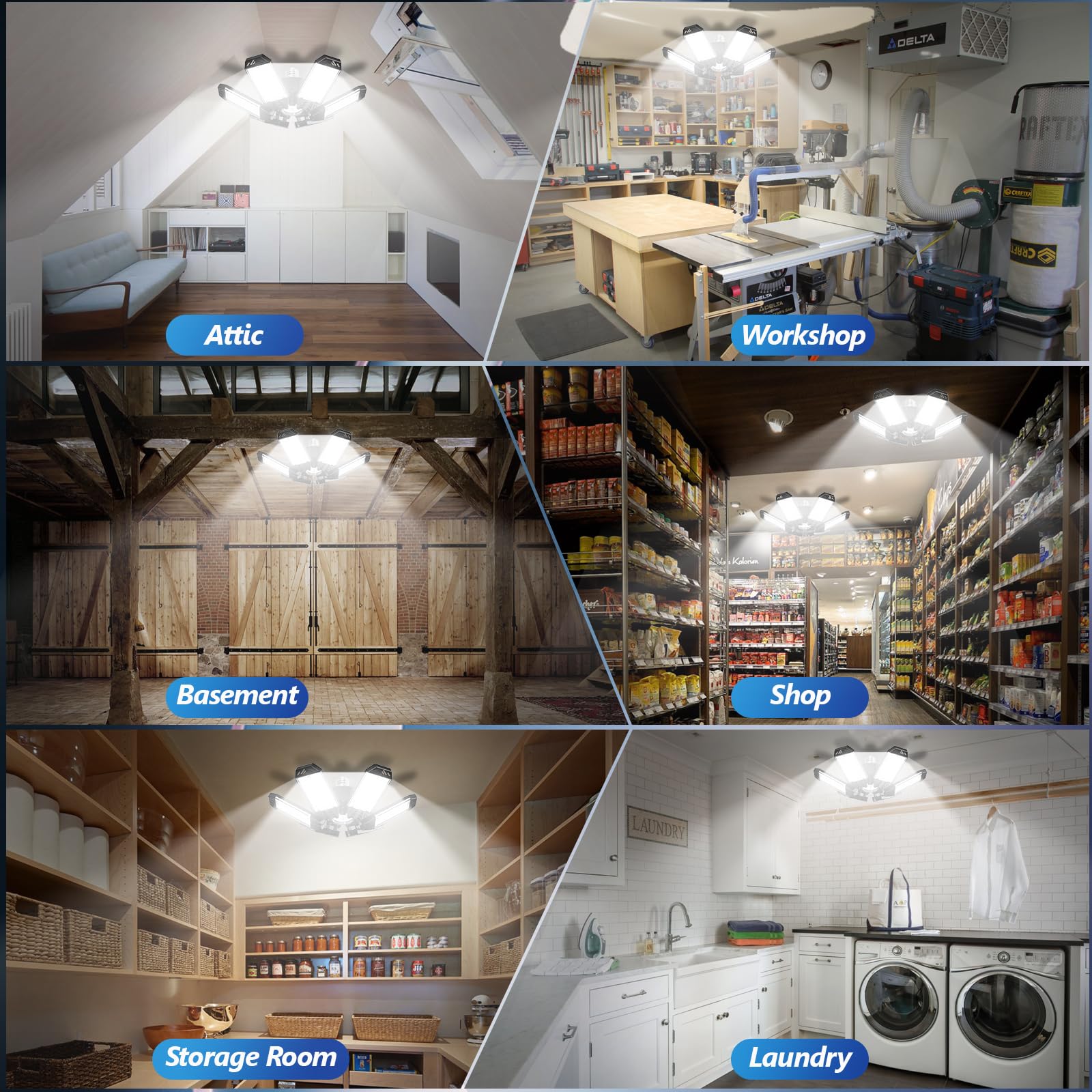 Oświetlenie garażowe LED, 160 W, 20000 lm, ultra jasne oświetlenie LED z 6 odkształcalnymi panelami, oświetlenie sufitowe garażowe 6500 K, śruba E26 E27, do warsztatu, magazynu, zatoki