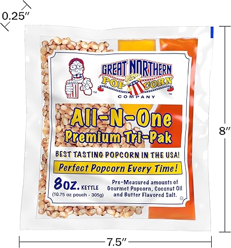 Great Northern Popcorn Packs de 8 onzas – Pre-medidos, estilo cine, granos todo en uno, sal, paquetes de aceite para máquinas de palomitas de maíz