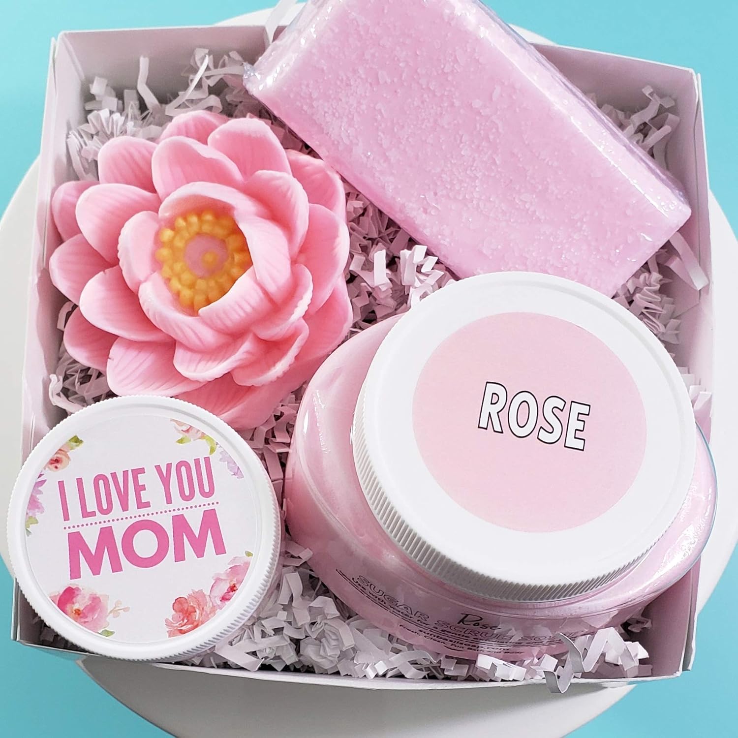 Mother's Day Rose Scented Gift Set. Personalized I Love You Mom Pamper Spa Bath Box