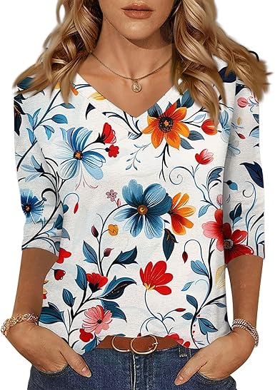 HTHLVMD Womens 3/4 Length Sleeve Tunic Tops Summer Fall Outfits 2025 Three Quarter Sleeve Casual V Neck T Shirts for Women