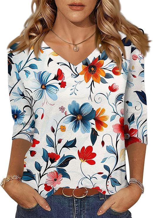 HTHLVMD Womens 3/4 Length Sleeve Tunic Tops Summer Fall Outfits 2025 Three Quarter Sleeve Casual V Neck T Shirts for Women