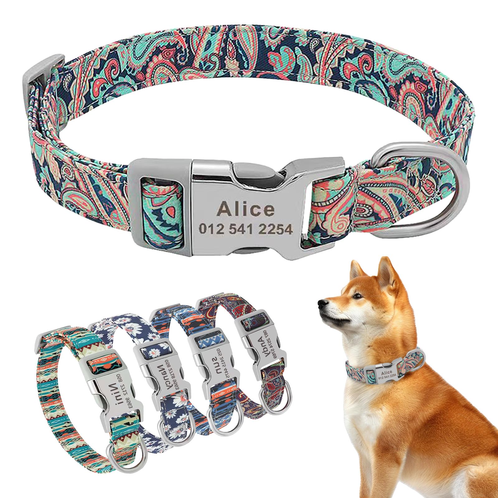 XSTZR Personalized Dog Collar, Customized Dog Collars with Engraved Name & Phone Number, Adjustable Dog Collars for Male Female Girl Boy Puppy Small Medium Large X-Large Dogs (Colorful Green)